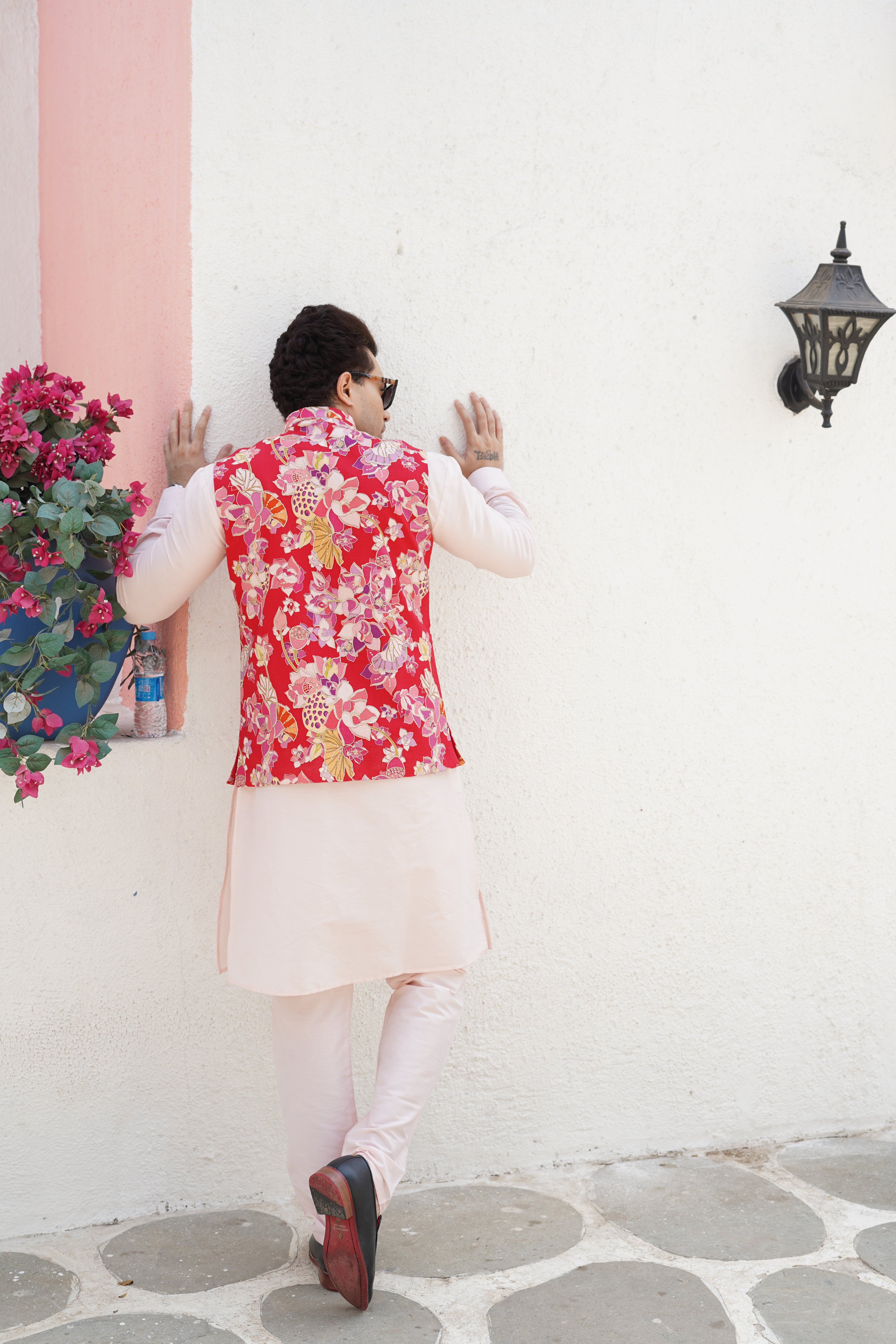 Crimson Red Solid Pattern Cotton Kurta Jacket Set