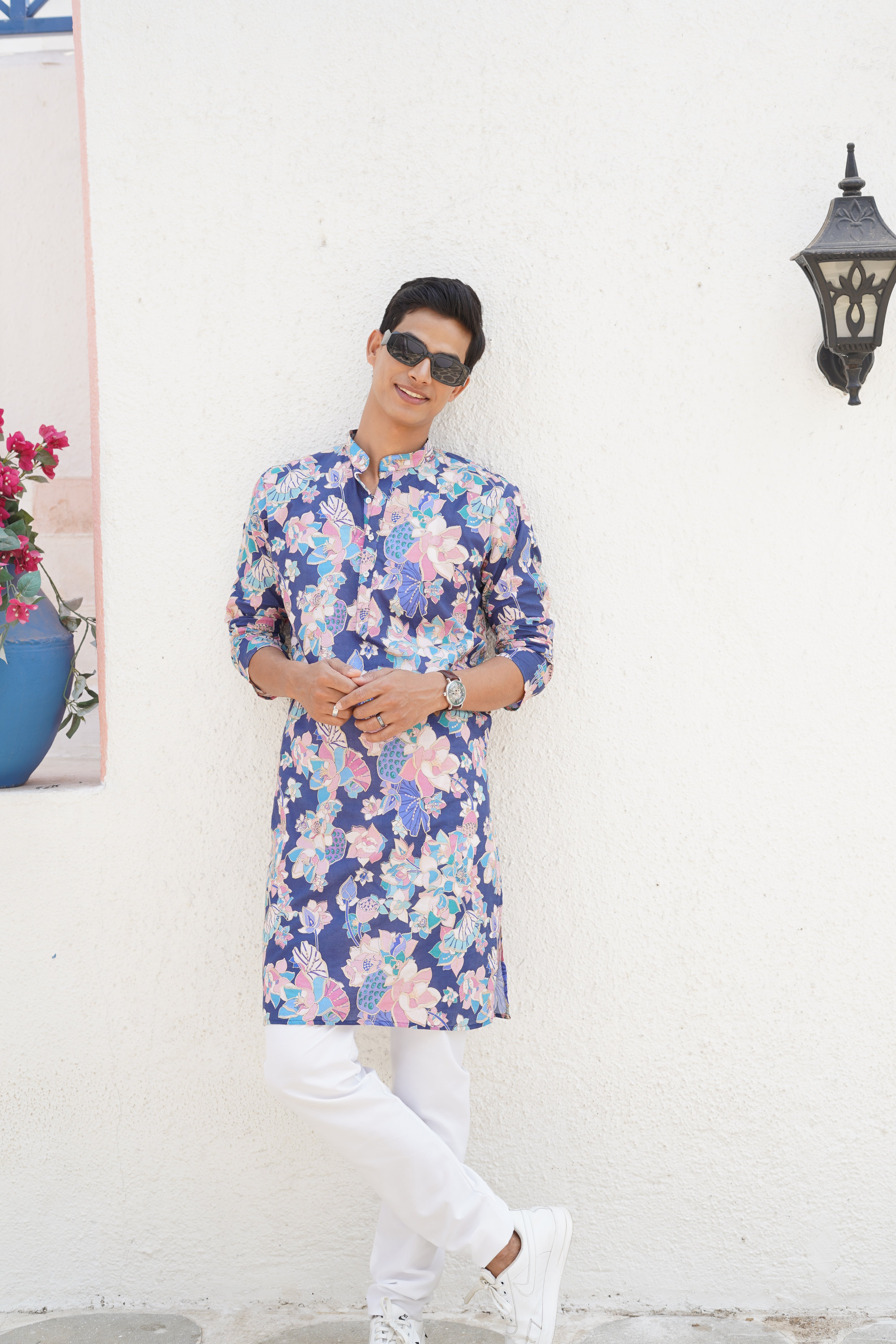 Azure Blue Floral Printed Cotton Kurta