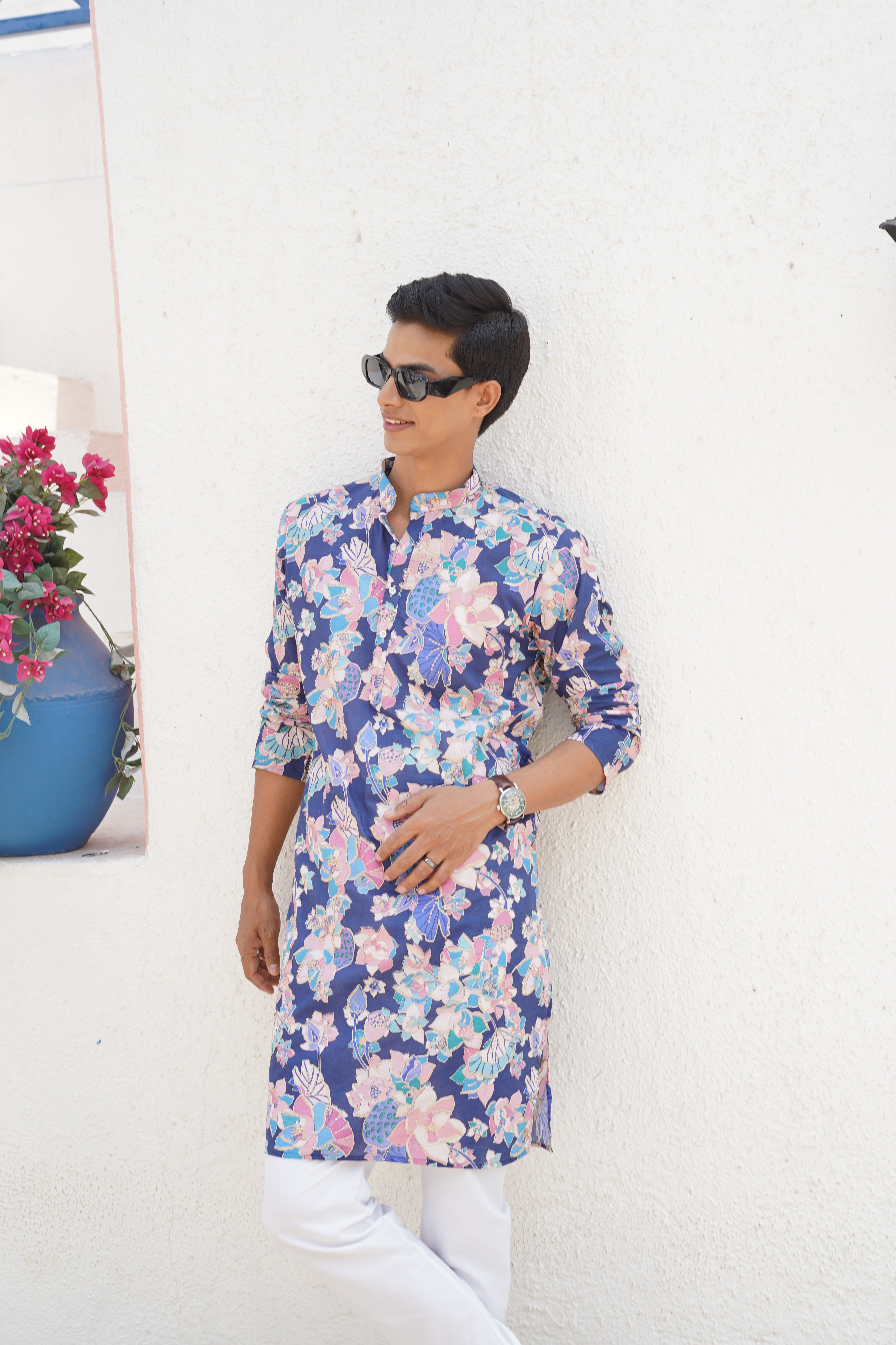 Azure Blue Floral Printed Cotton Kurta