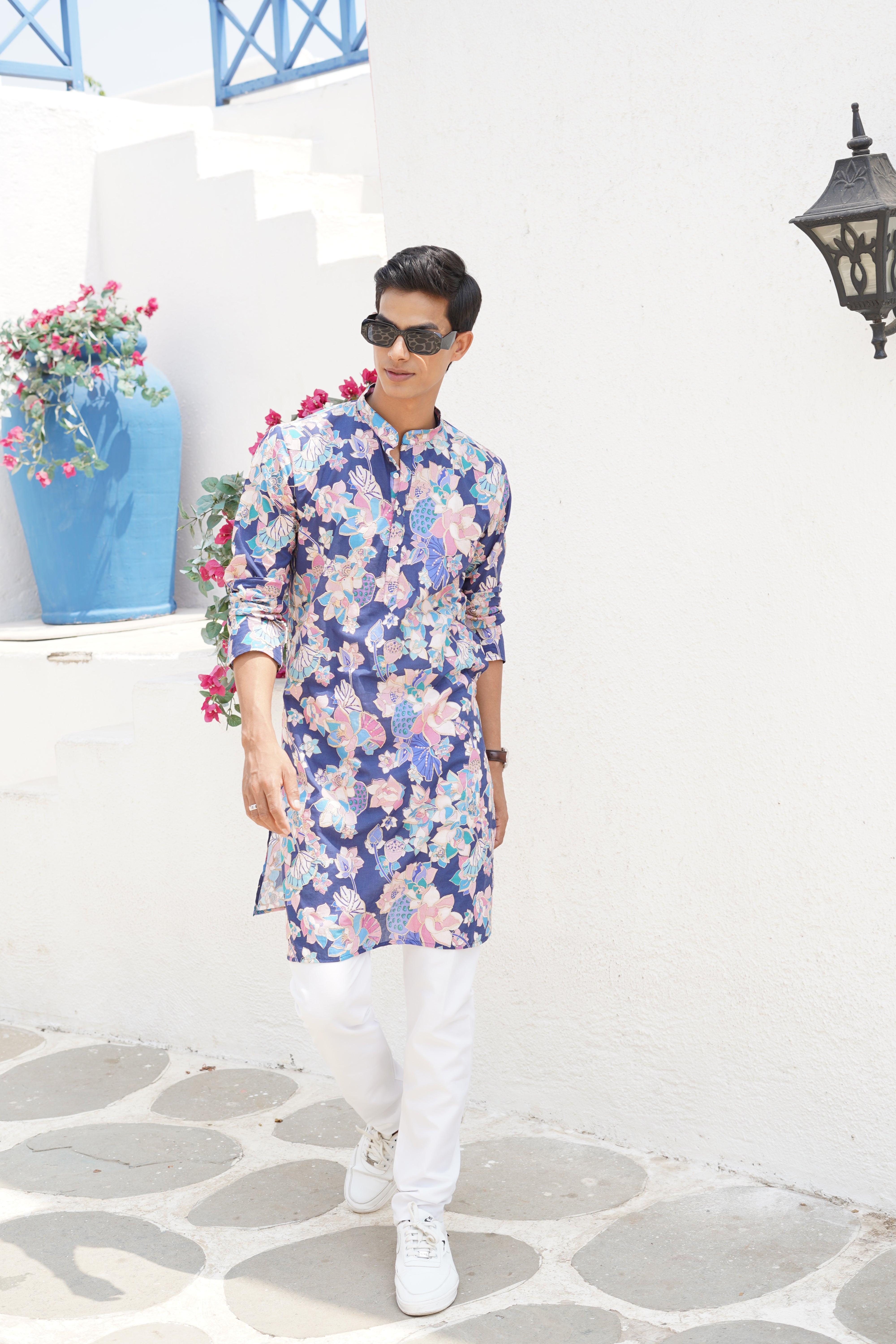 Azure Blue Floral Printed Cotton Kurta