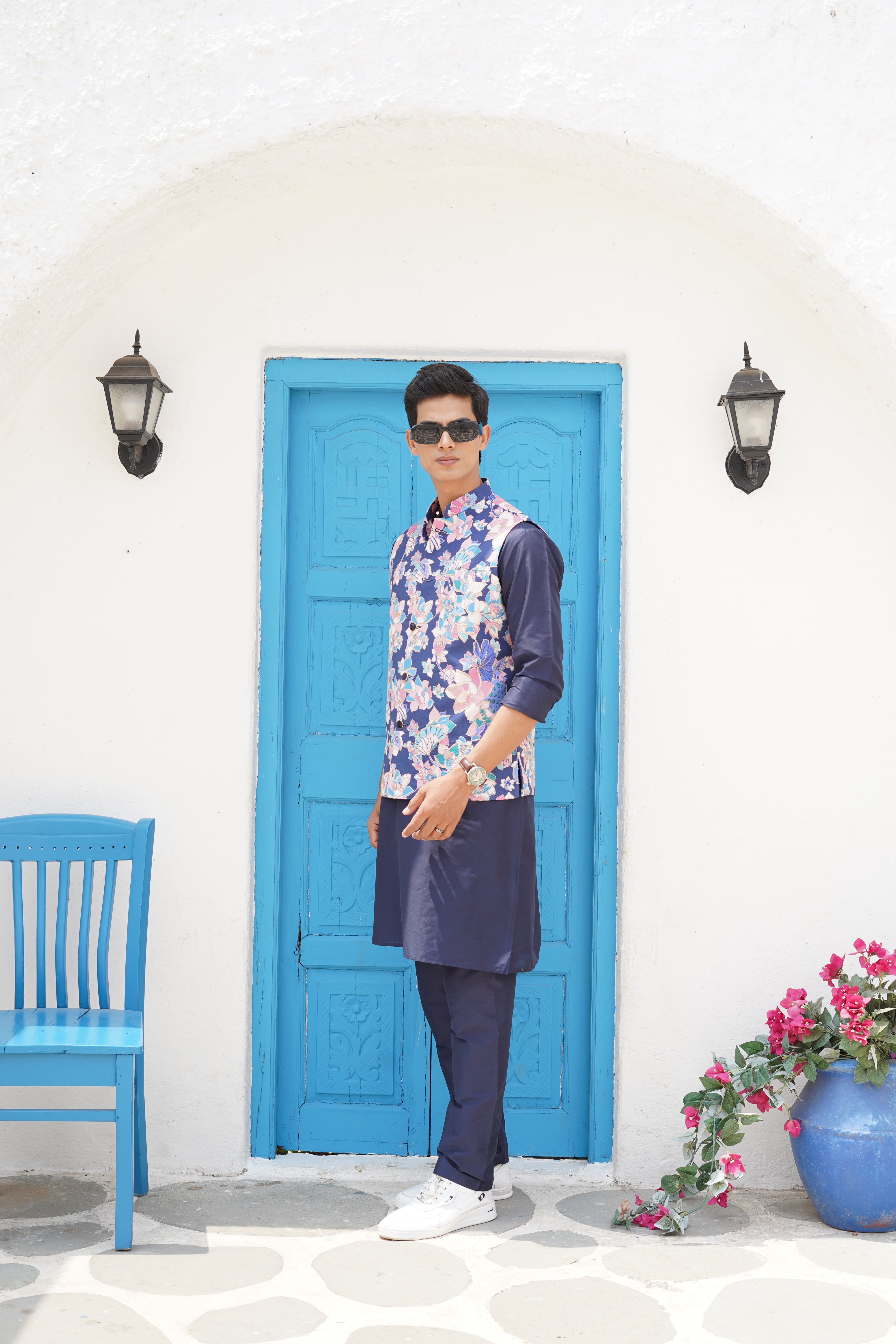 Azure Blue Floral Printed Nehru Jacket