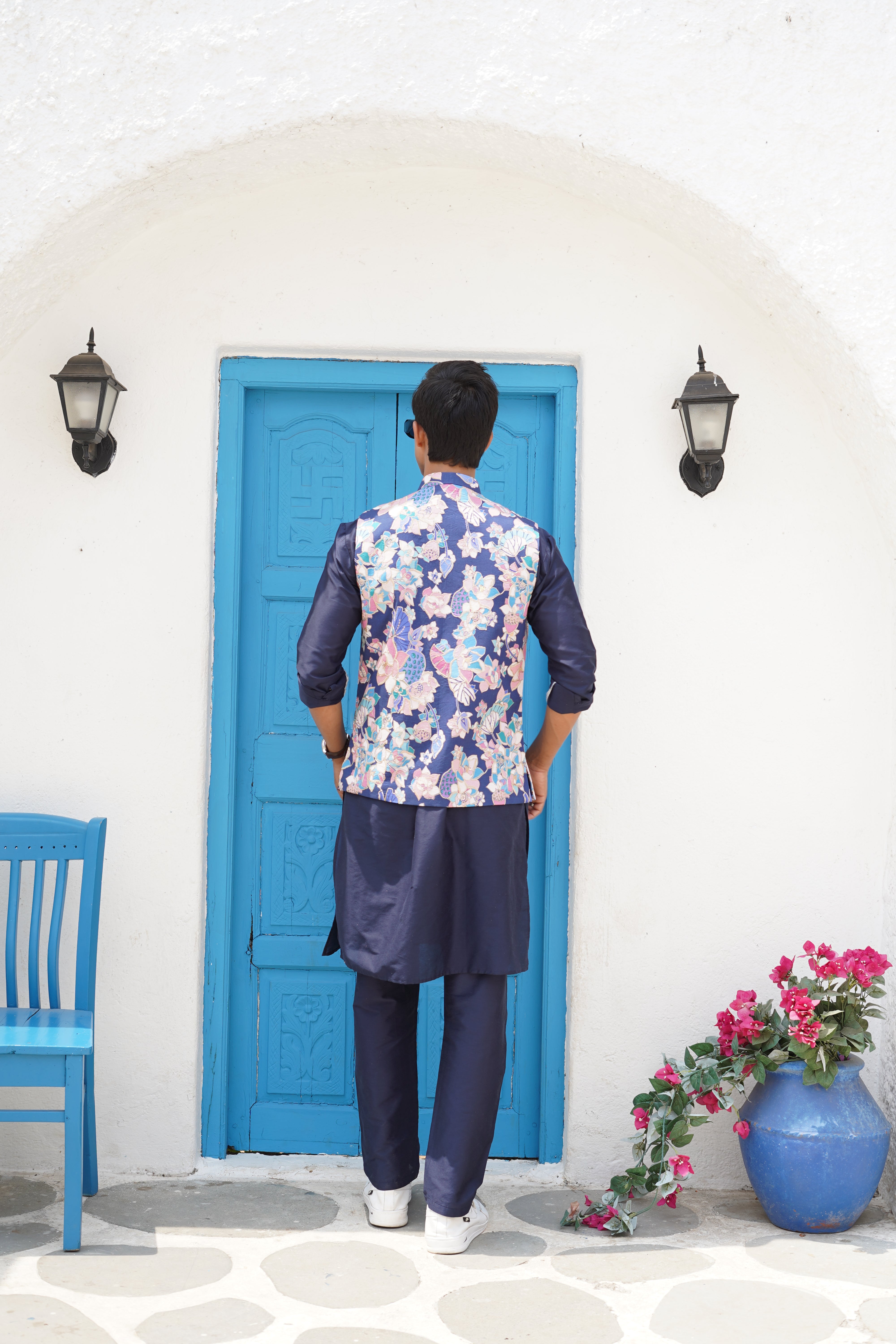 Azure Blue Floral Printed Nehru Jacket