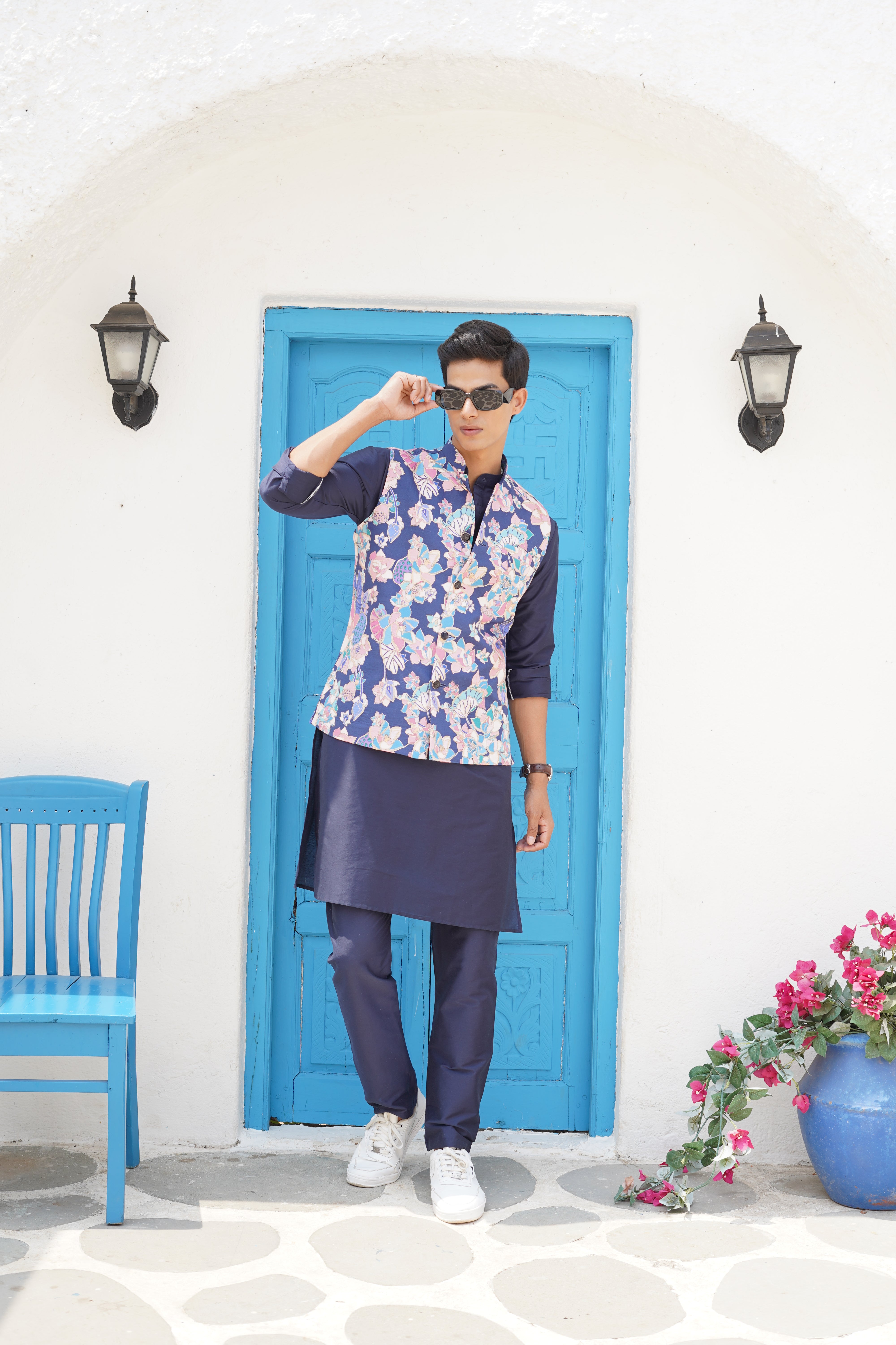 Azure Blue Floral Printed Nehru Jacket