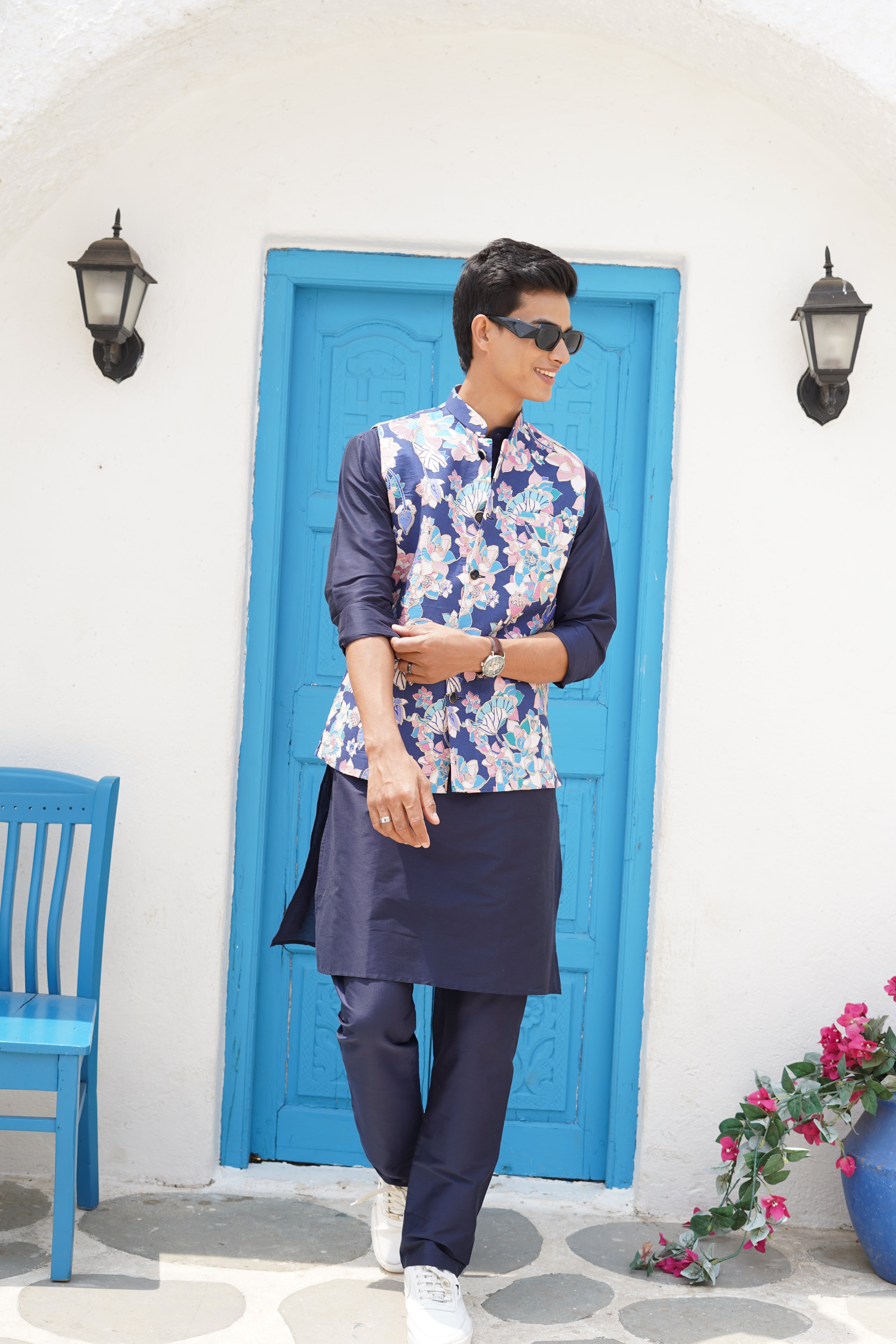Azure Blue Solid Pattern Cotton Kurta Jacket Set