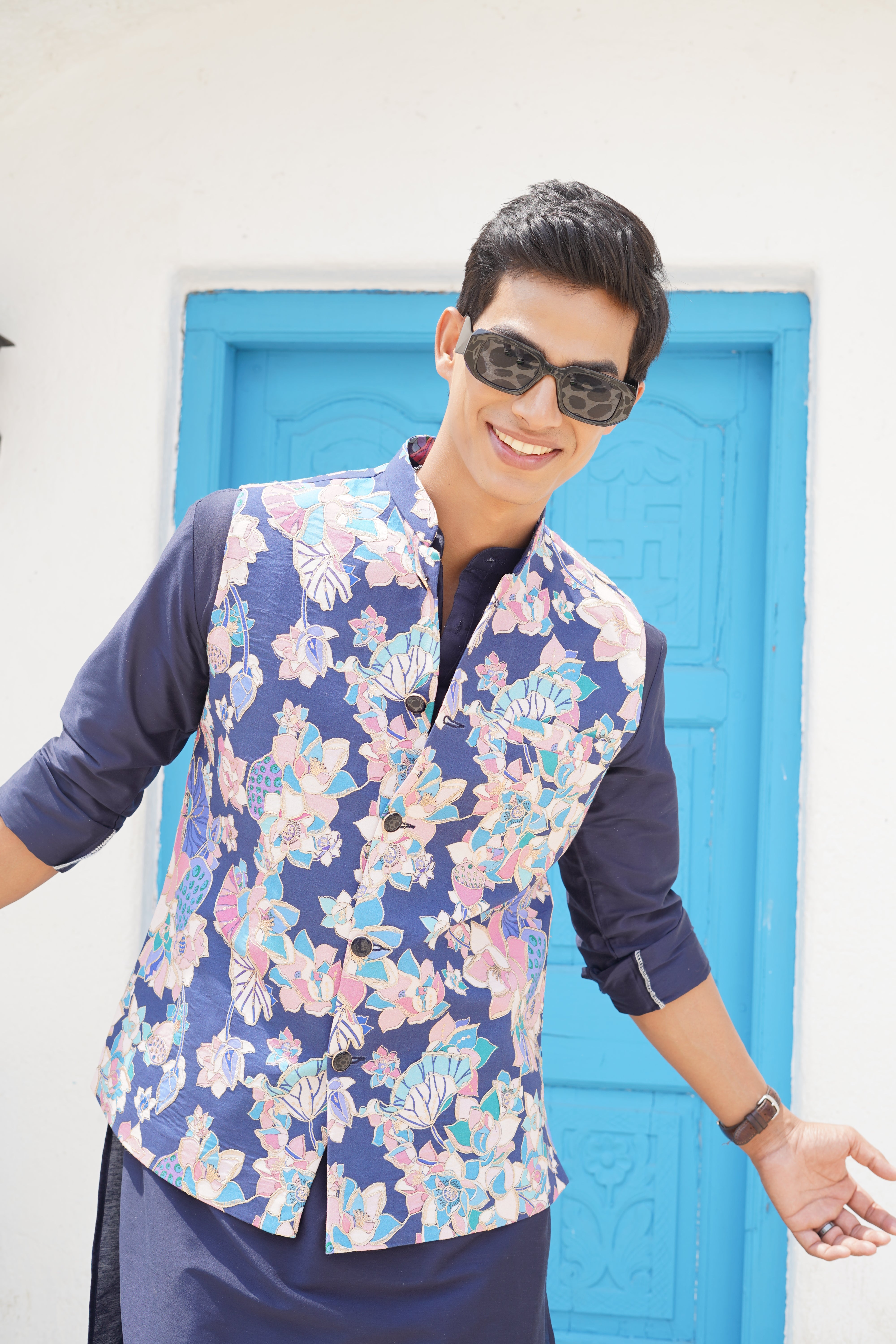 Azure Blue Solid Pattern Cotton Kurta Jacket Set