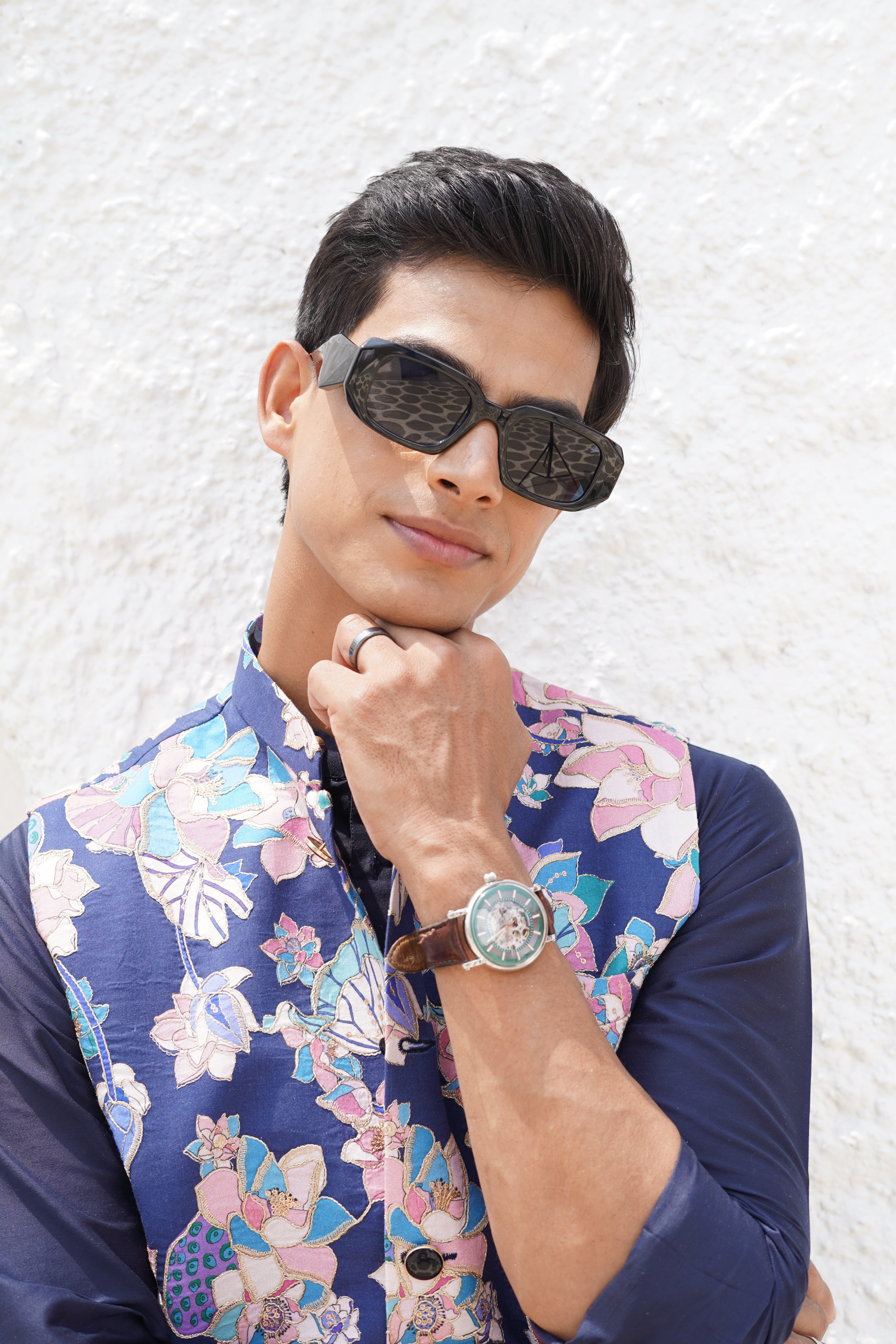 Azure Blue Floral Printed Nehru Jacket