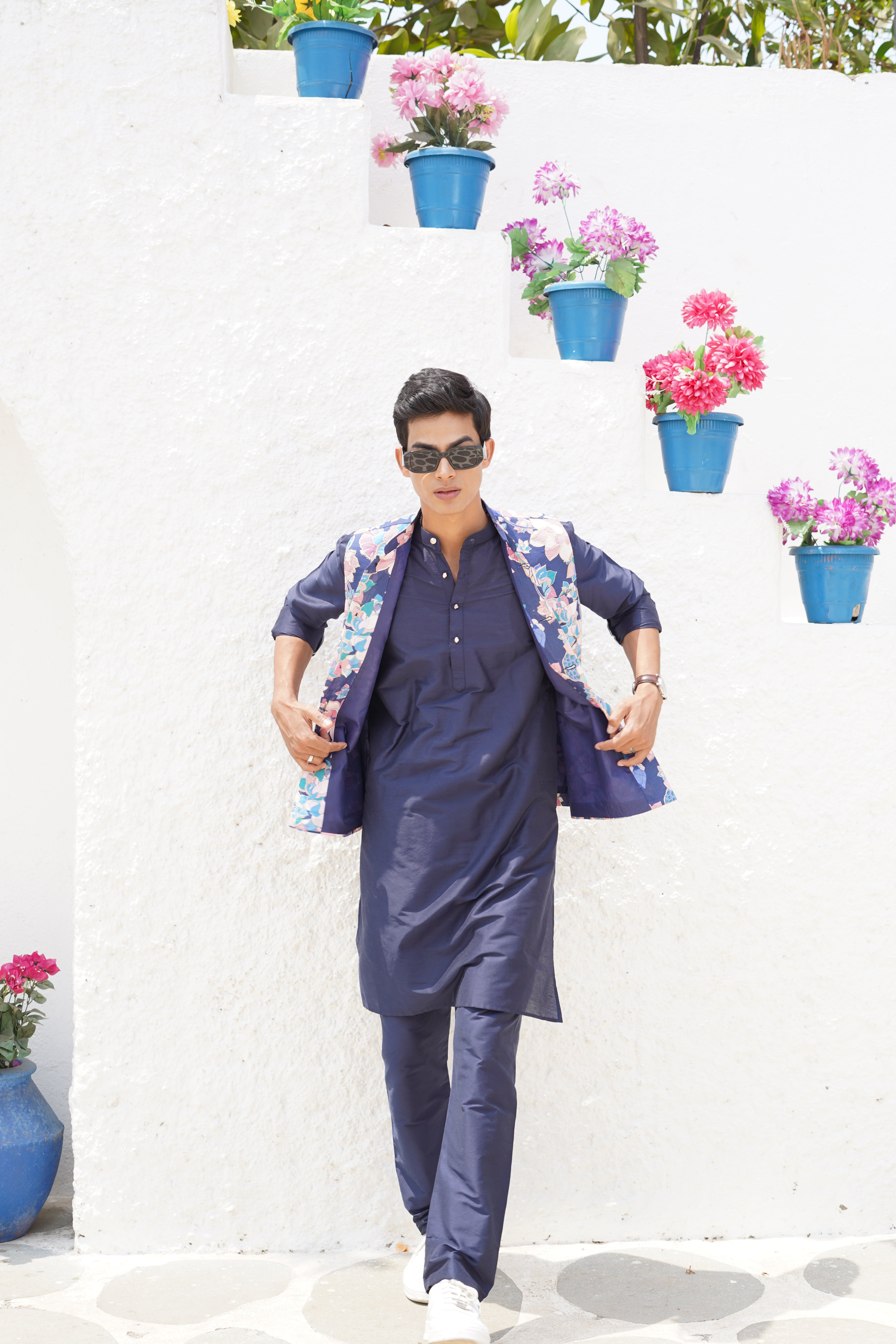 Azure Blue Solid Pattern Cotton Kurta Jacket Set
