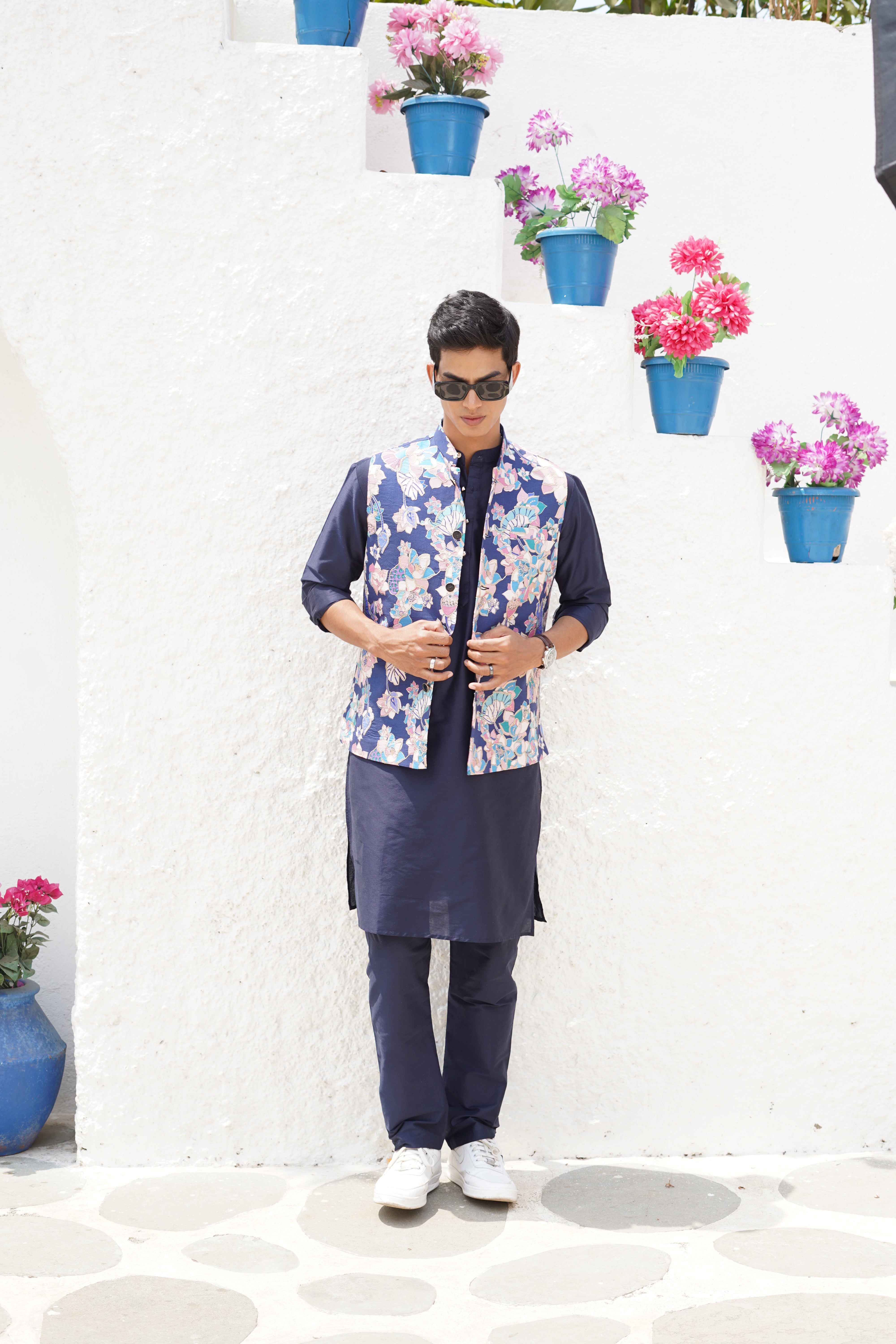 Azure Blue Floral Printed Nehru Jacket
