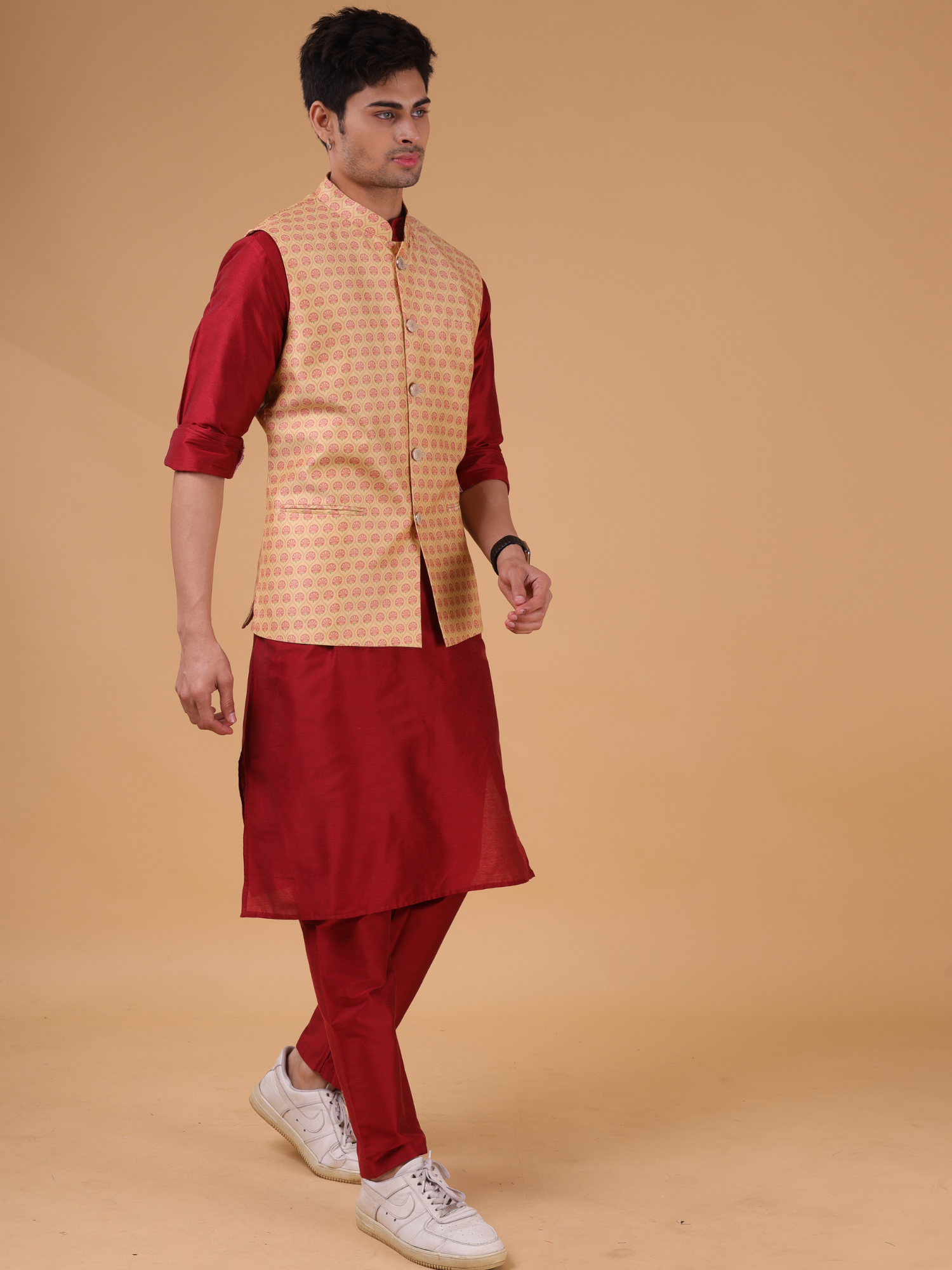 Butter Cream Buti Pattern Cotton Silk Nehru Jacket