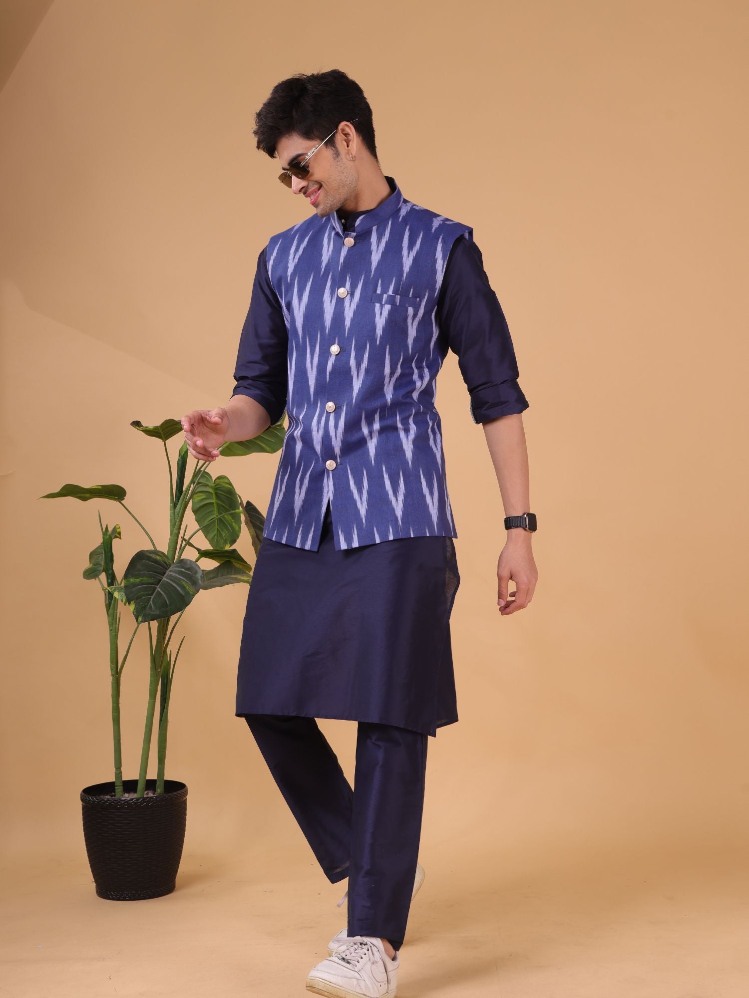 Azure Blue Ikkat Print Cotton Nehru Jacket