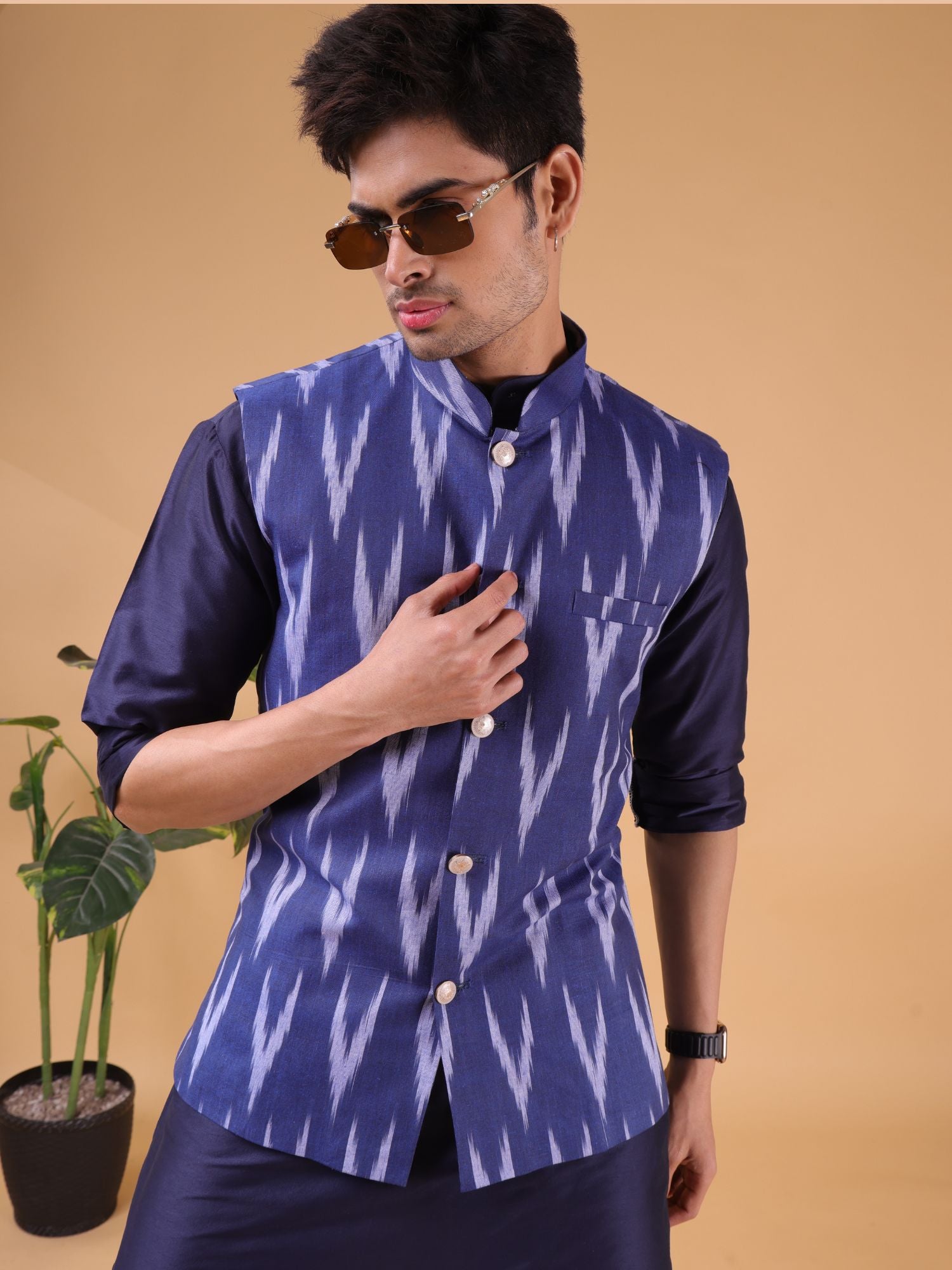 Azure Blue Ikkat Print Cotton Nehru Jacket