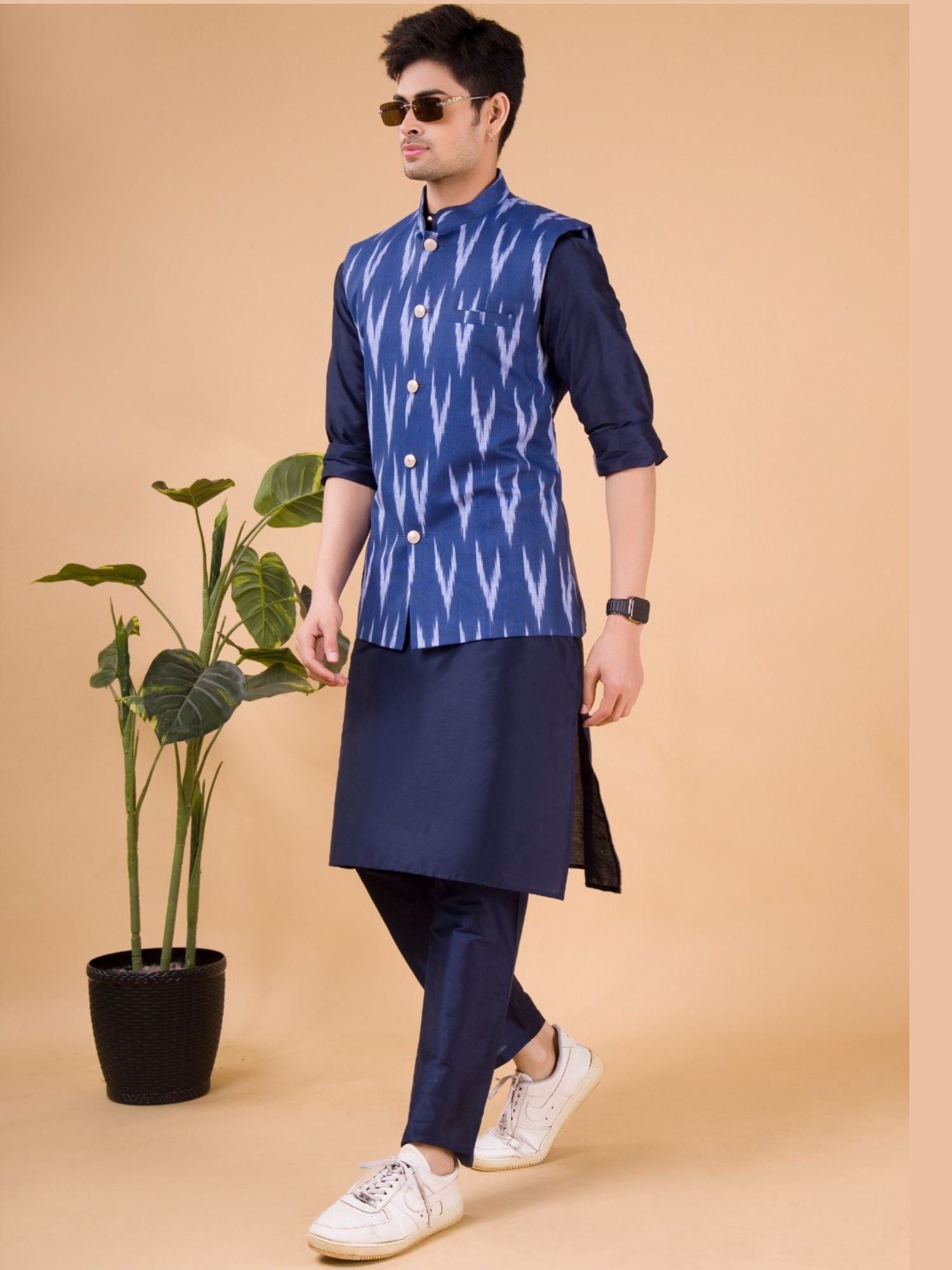 Azure Blue Ikkat Print Cotton Nehru Jacket