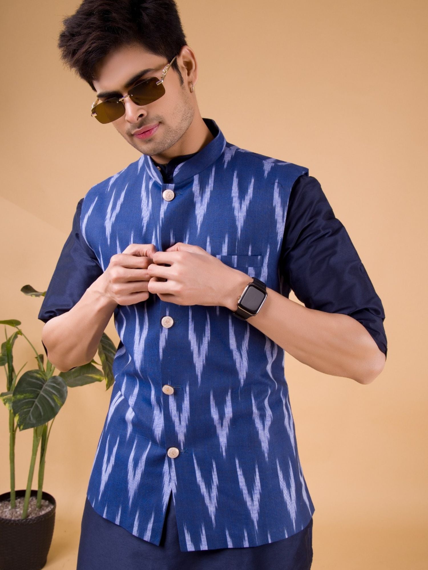 Azure Blue Ikkat Print Cotton Nehru Jacket
