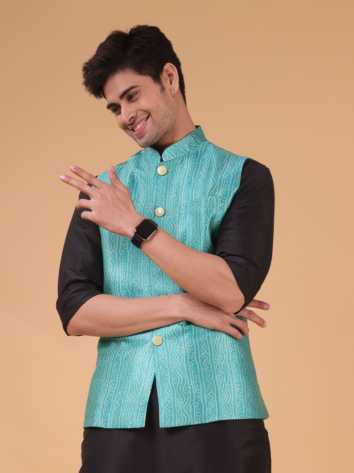 Tropical Green Buti Pattern Cotton Silk Nehru Jacket