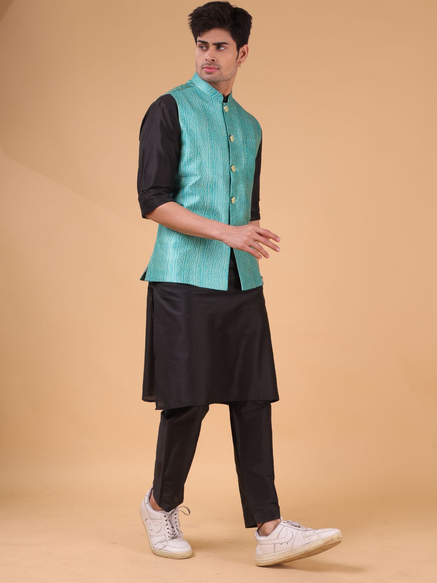 Tropical Green Buti Pattern Cotton Silk Nehru Jacket