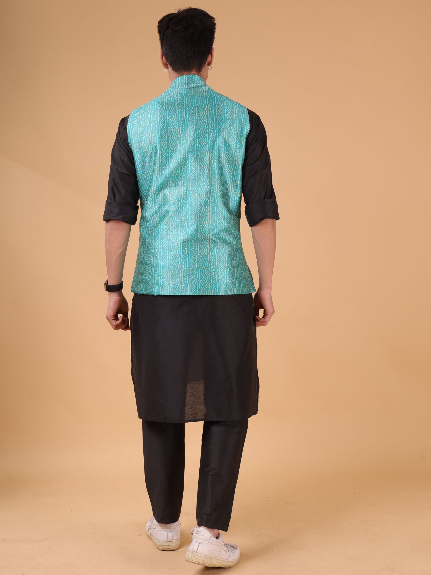 Tropical Green Buti Pattern Cotton Silk Nehru Jacket