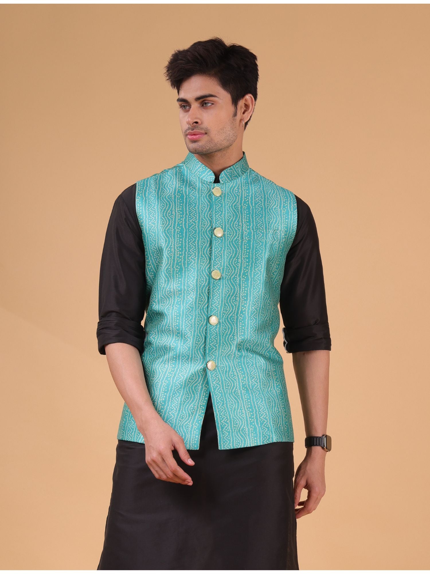 Tropical Green Buti Pattern Cotton Silk Nehru Jacket