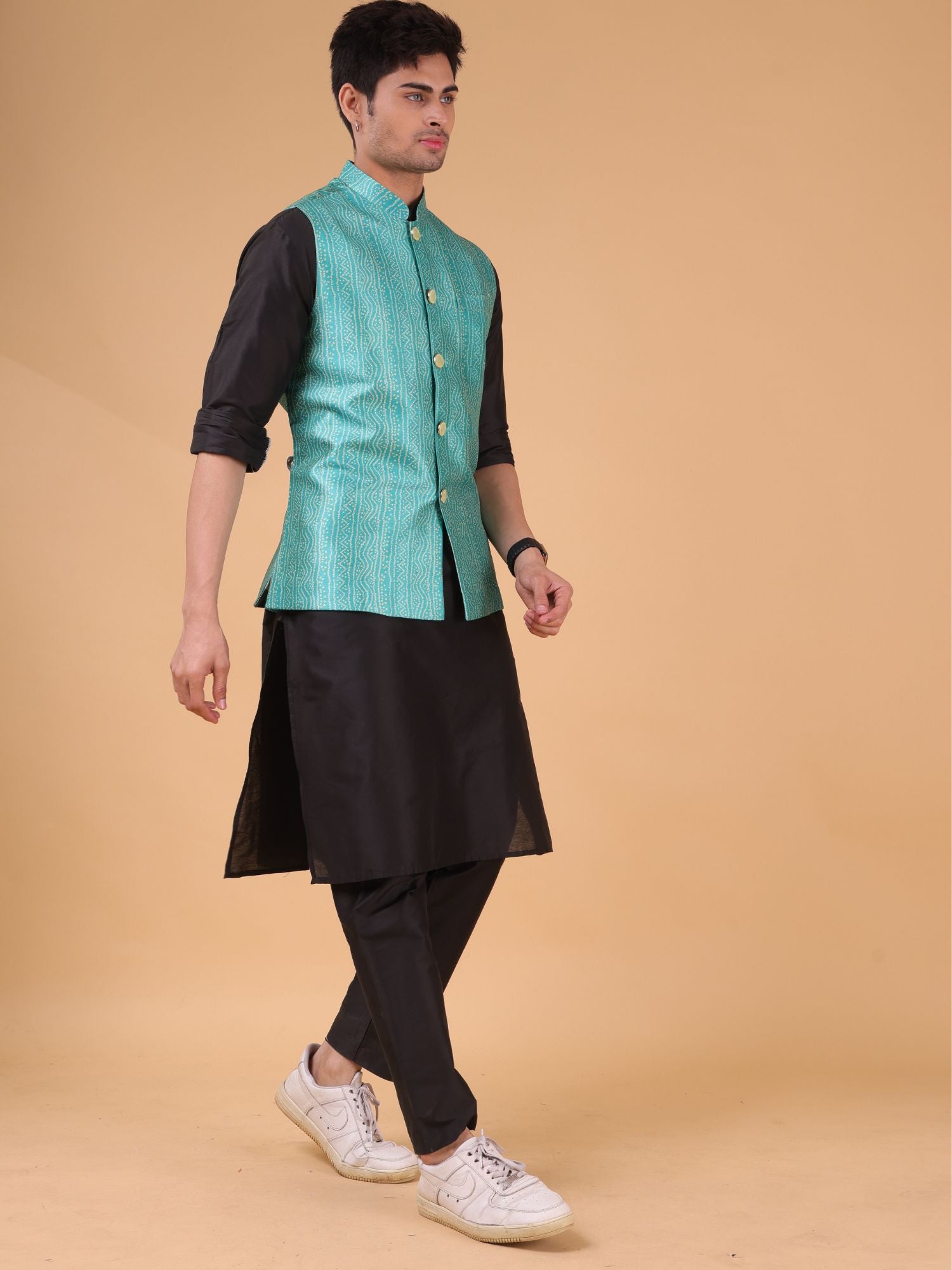 Tropical Green Buti Pattern Cotton Silk Nehru Jacket