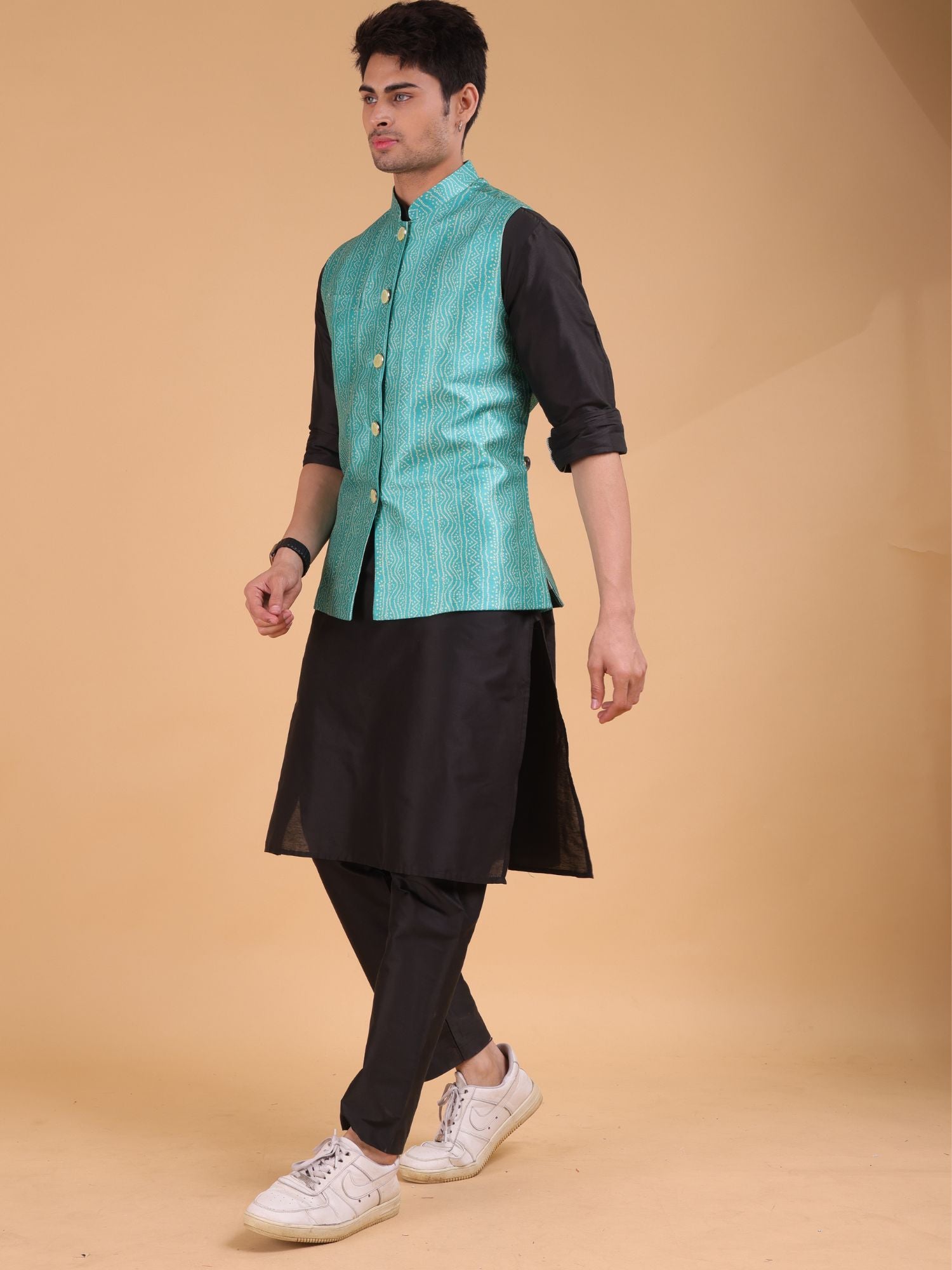 Tropical Green Buti Pattern Cotton Silk Nehru Jacket
