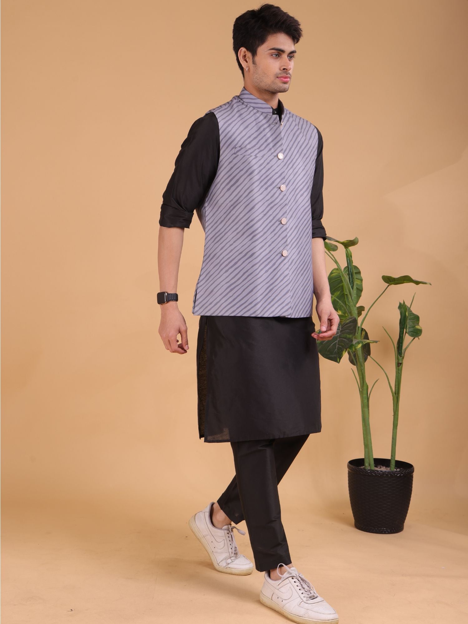 Metal Grey Buti Pattern Cotton Silk Nehru Jacket