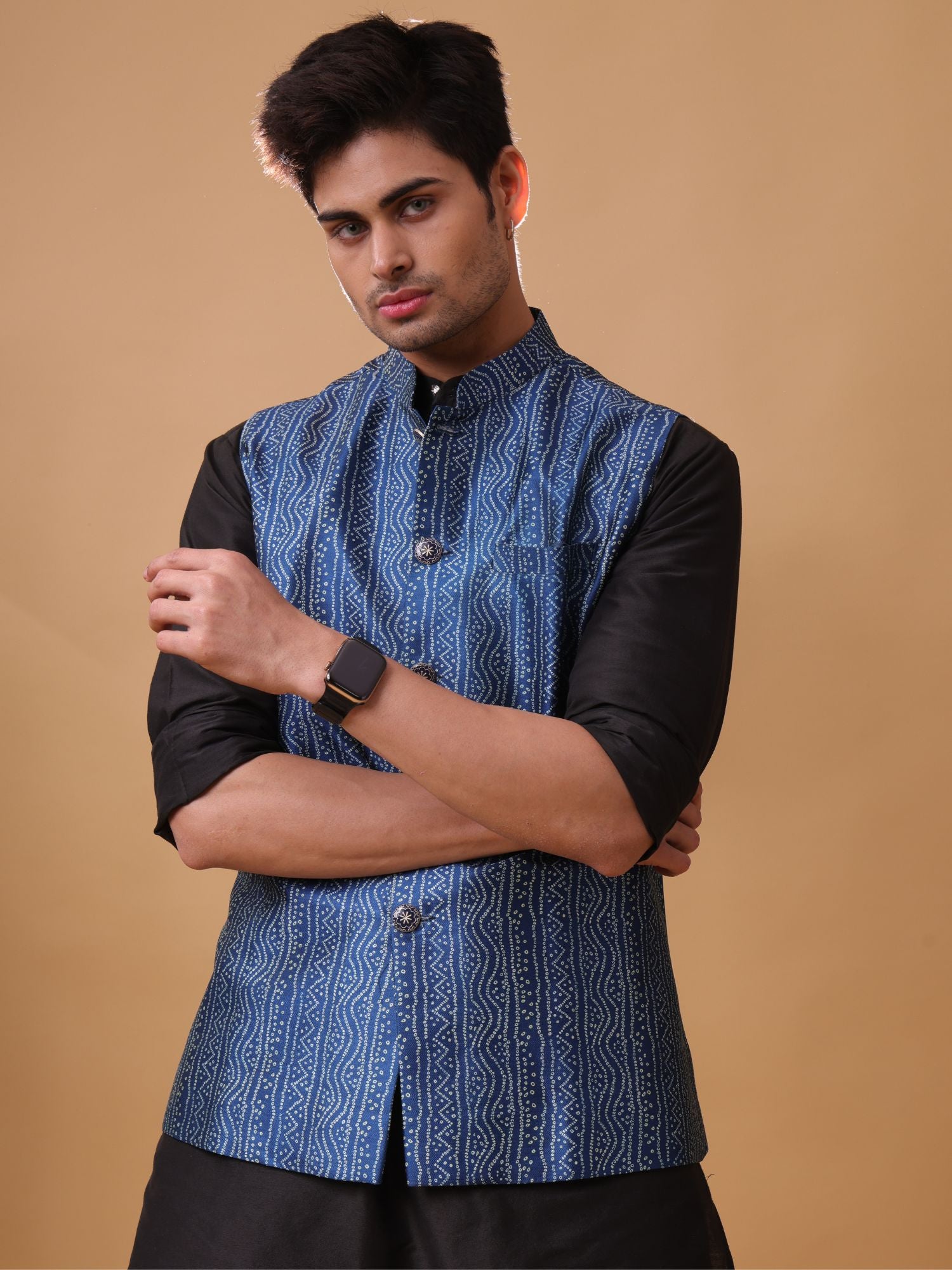 Iris Blue Buti Pattern Cotton Silk Nehru Jacket