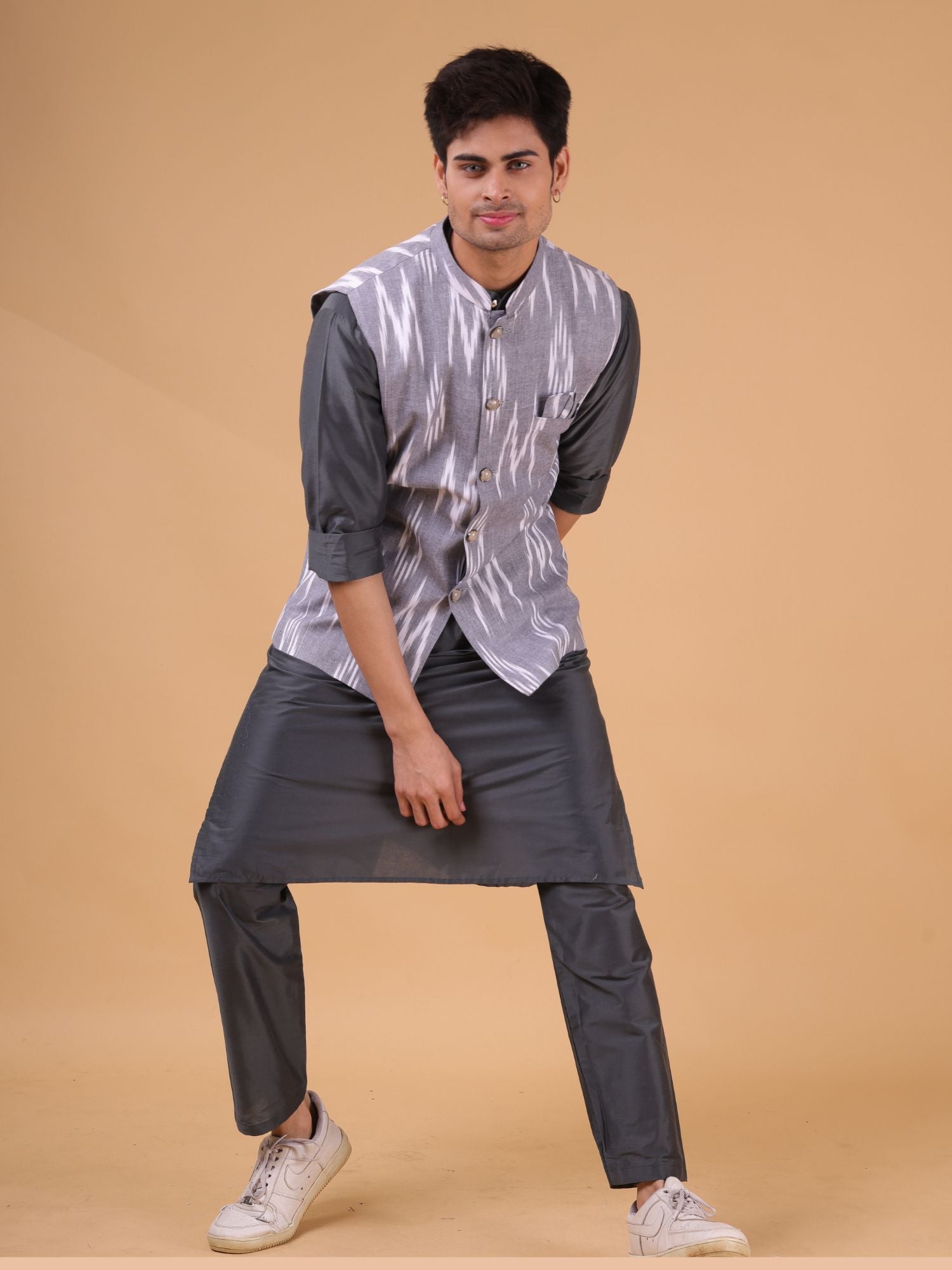 Metal Grey Linen Cotton Nehru Jacket