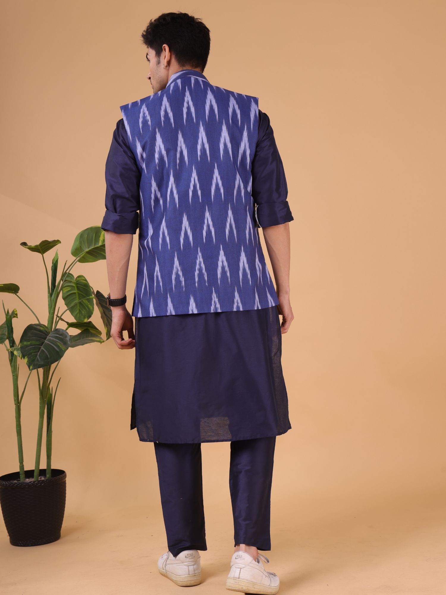 Azure Blue Ikkat Print Cotton Nehru Jacket