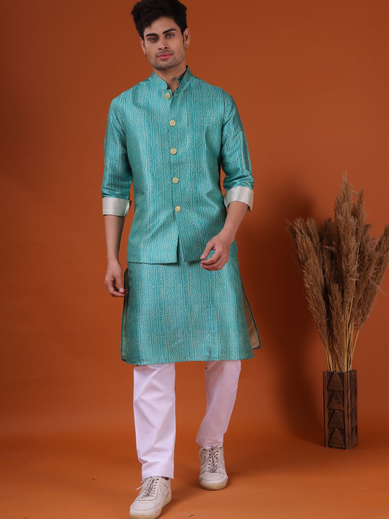 Tropical Green Pastel Silk Kurta Jacket Set
