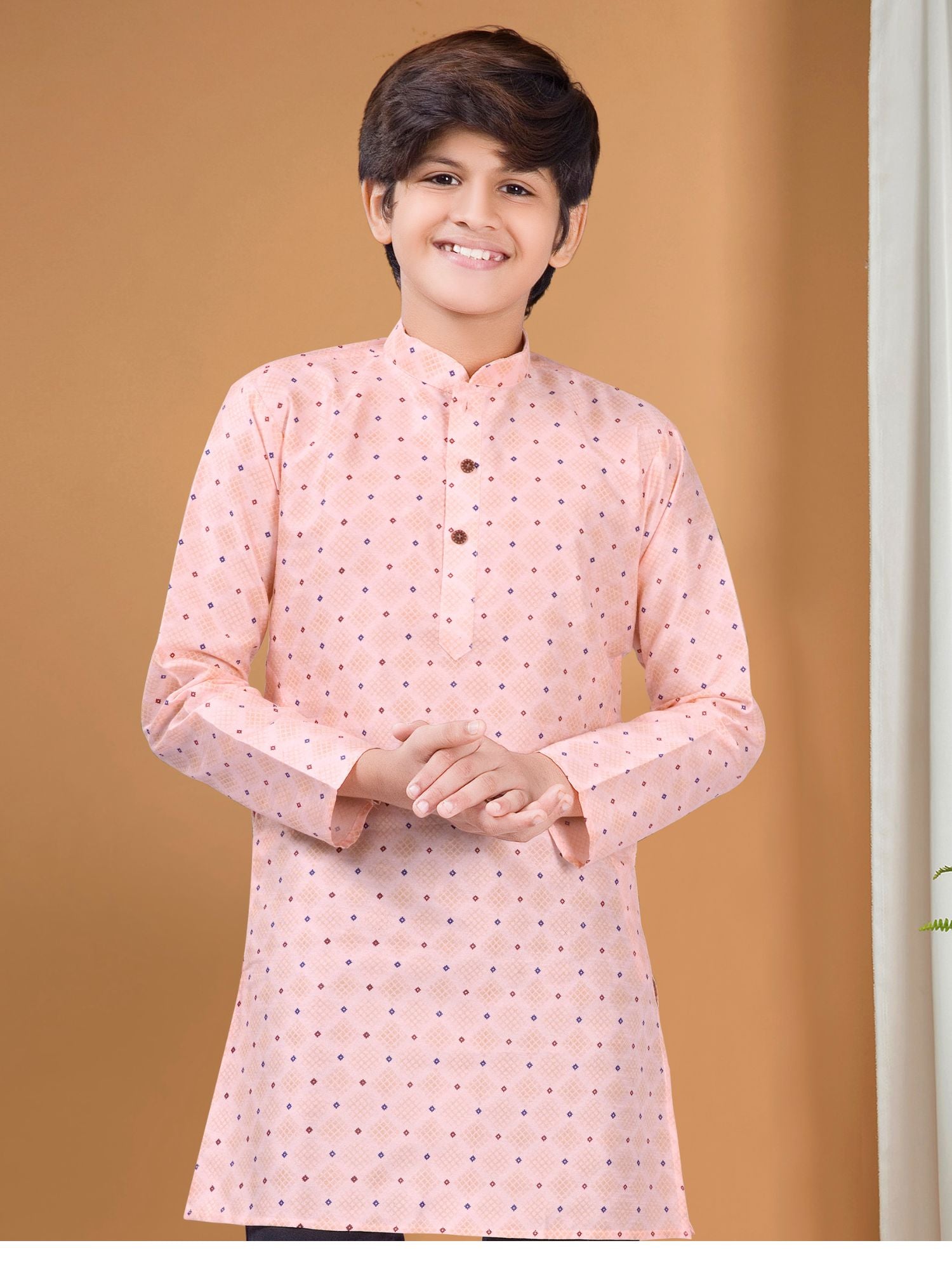 Coral Peach Hloom Printed Silk Kurta