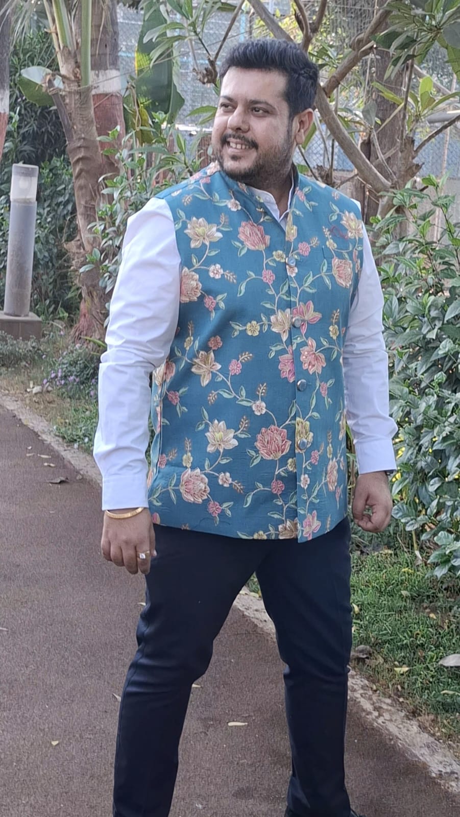 Forest Green Printed Nehru Jacket