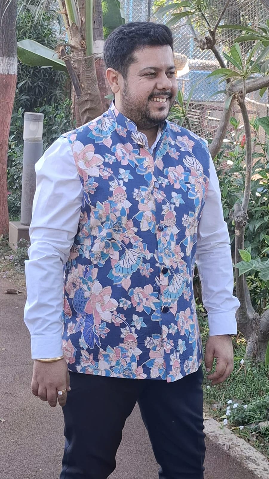 Azure Blue Floral Printed Nehru Jacket