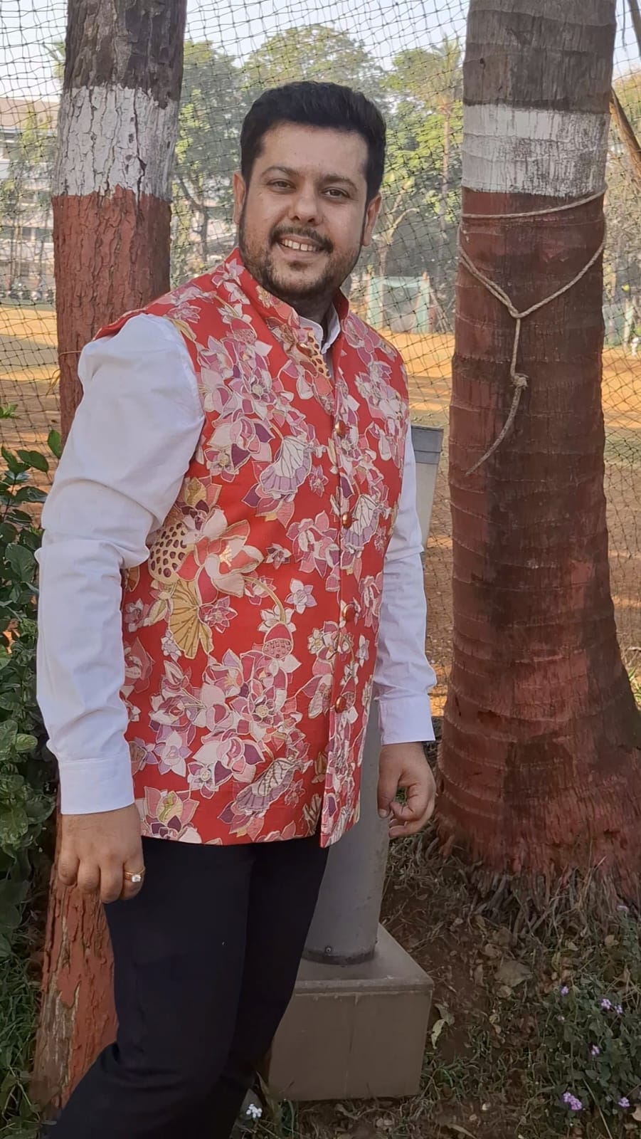 Crimosn Red Floral Printed Nehru Jacket
