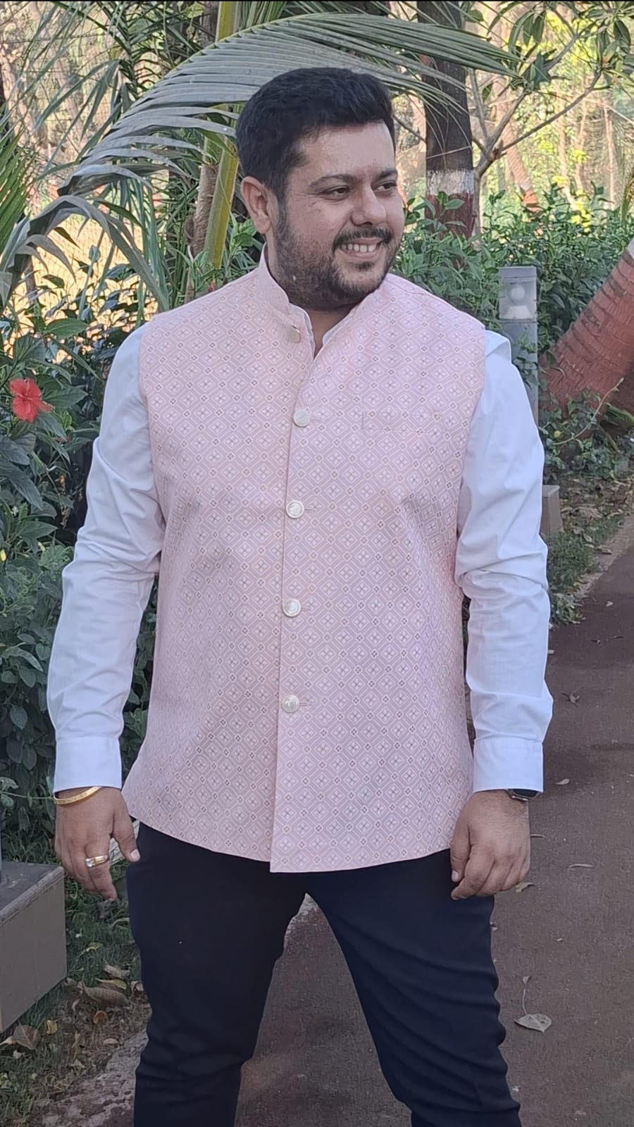 Persion Pink Lotus Gold Linen Cotton Nehru Jacket