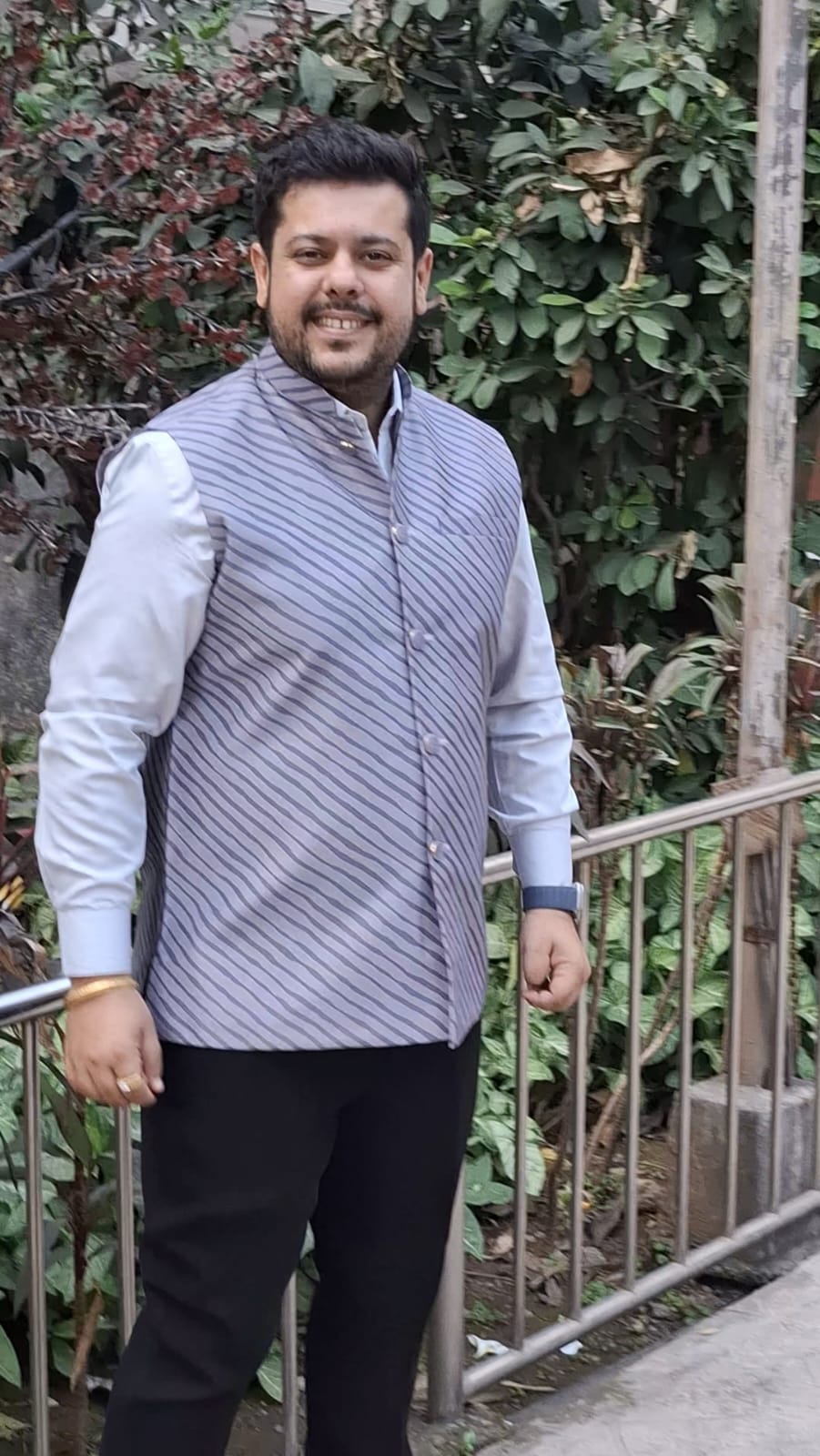 Metal Grey Buti Pattern Cotton Silk Nehru Jacket