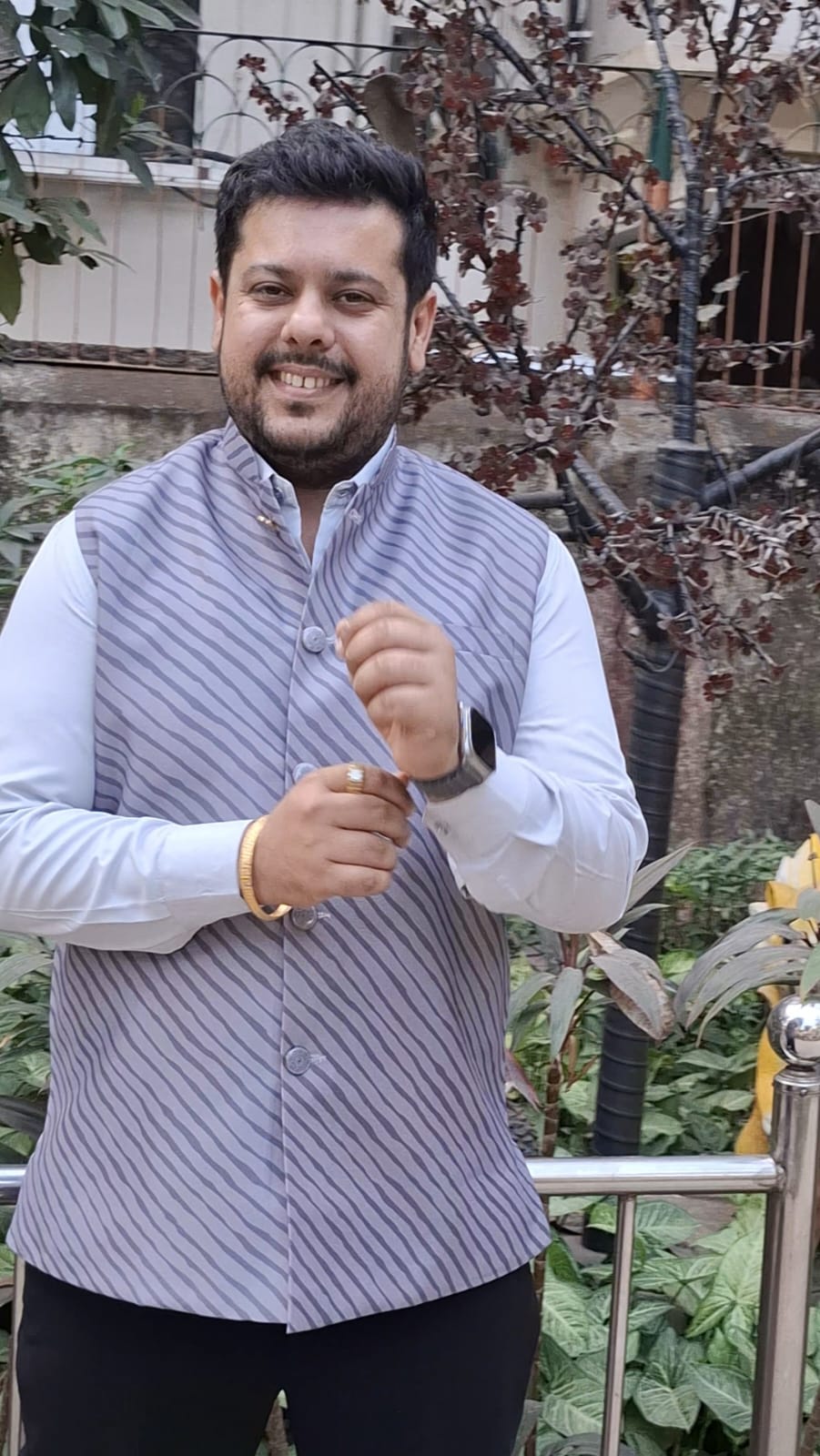 Metal Grey Buti Pattern Cotton Silk Nehru Jacket