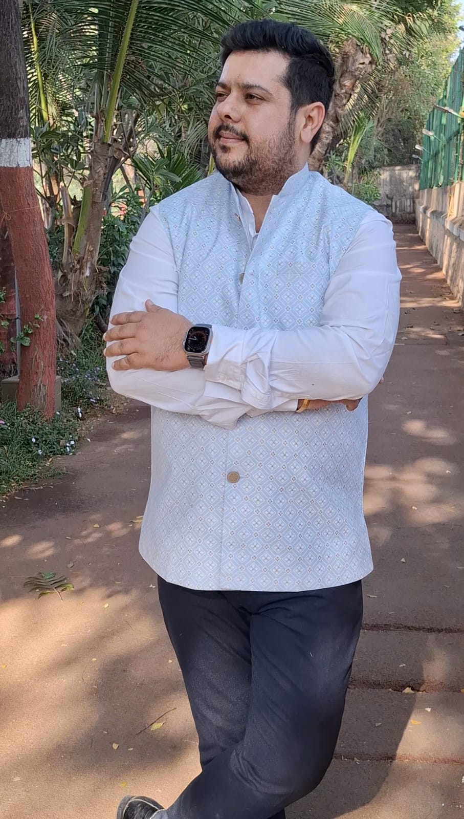 Light Blue Lotus Gold Linen Cotton Nehru Jacket