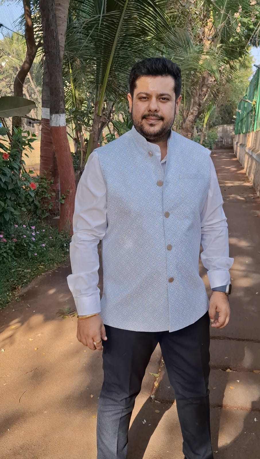Light Blue Lotus Gold Linen Cotton Nehru Jacket