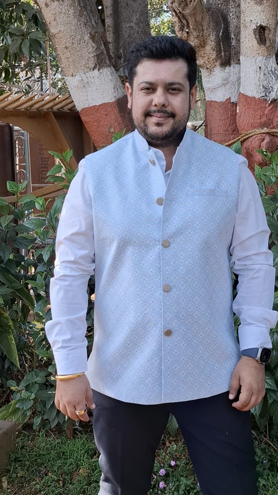 Light Blue Lotus Gold Linen Cotton Nehru Jacket