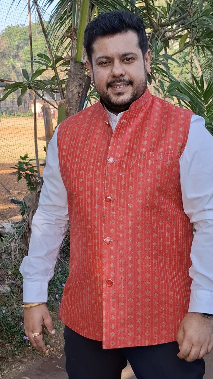 Cherry Red Ikat Print Linen Cotton Nehru Jacket