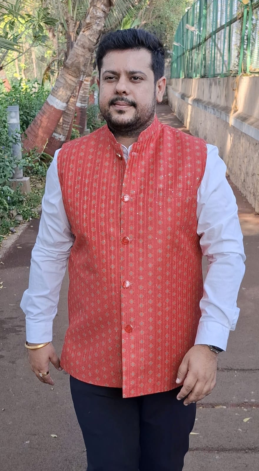 Cherry Red Ikat Print Linen Cotton Nehru Jacket