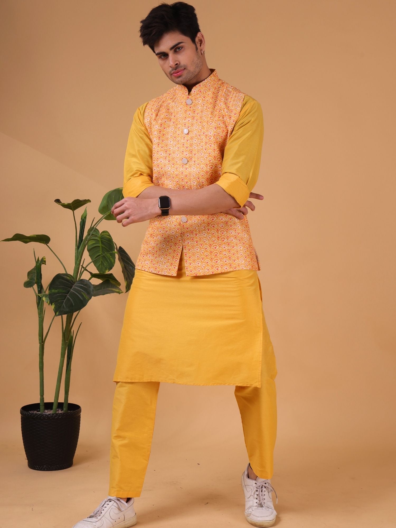 Shine Of Yellow Ikat Print Linen Cotton Nehru Jacket