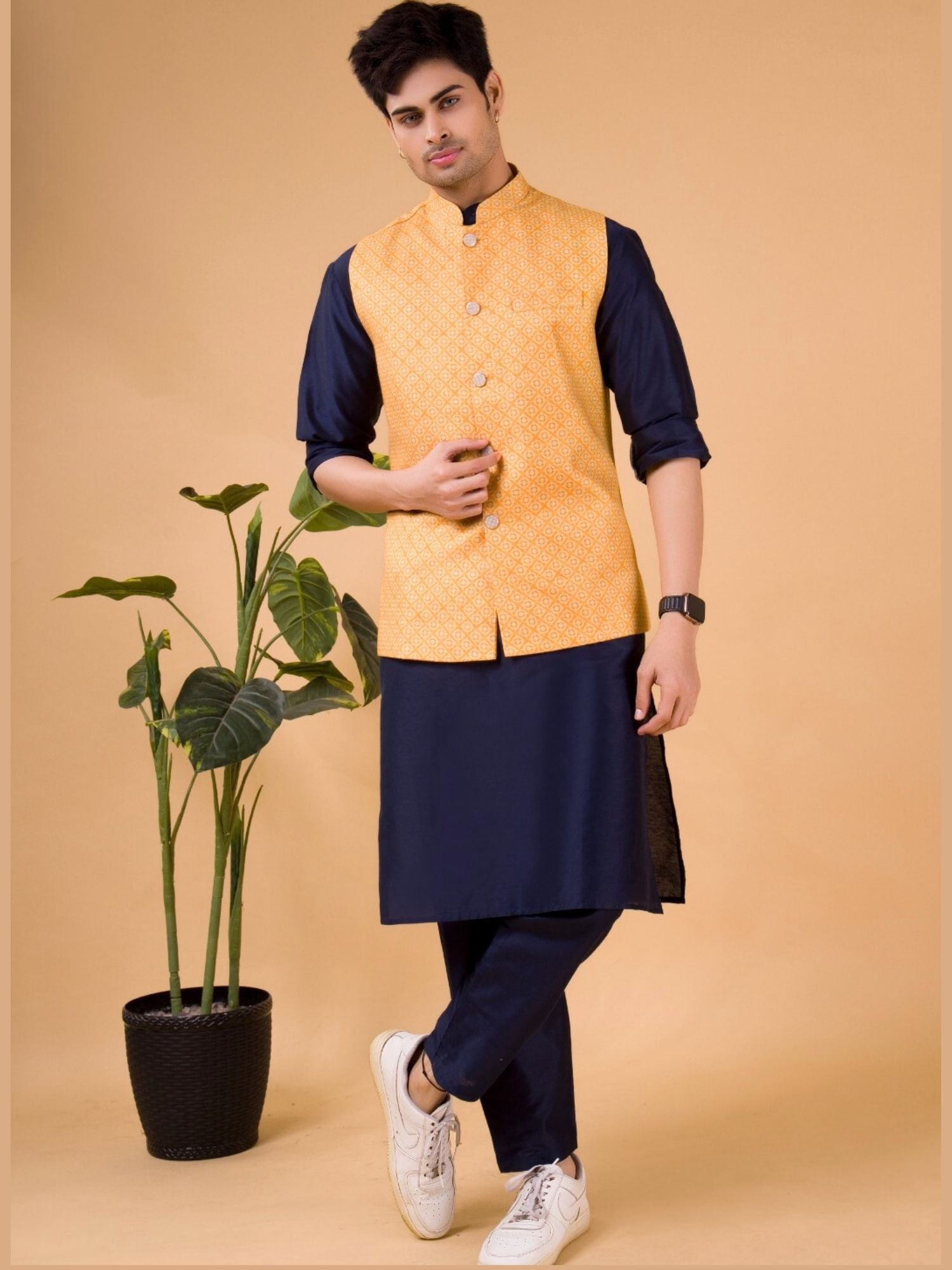 Iris Blue Solid Pattern Cotton Silk Kurta Jacket Set