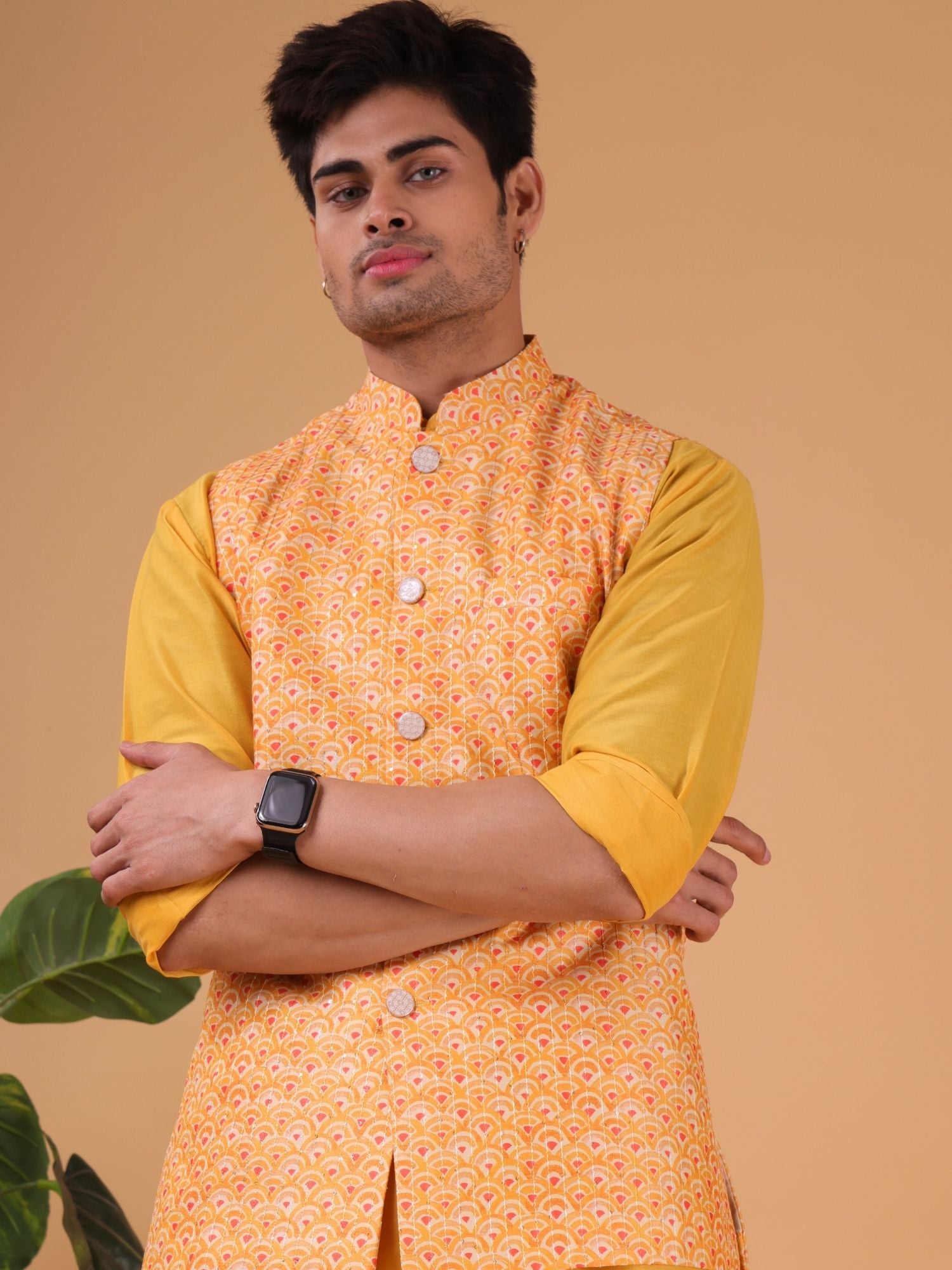 Shine Of Yellow Ikat Print Linen Cotton Nehru Jacket