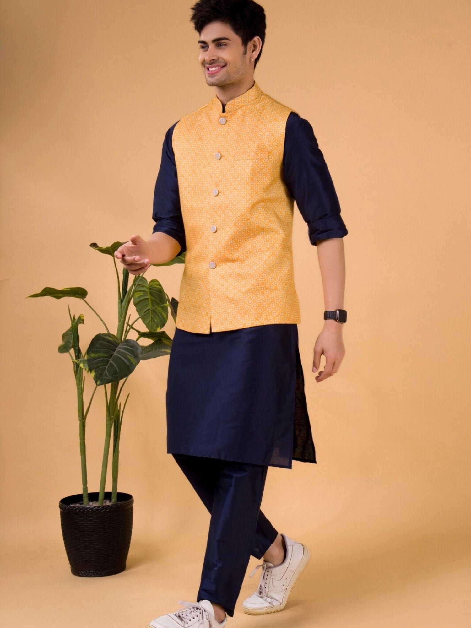 Iris Blue Solid Pattern Cotton Silk Kurta Jacket Set