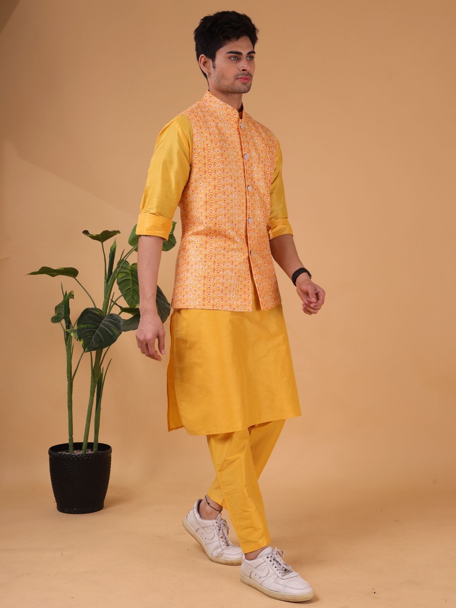 Shine Of Yellow Ikat Print Linen Cotton Nehru Jacket