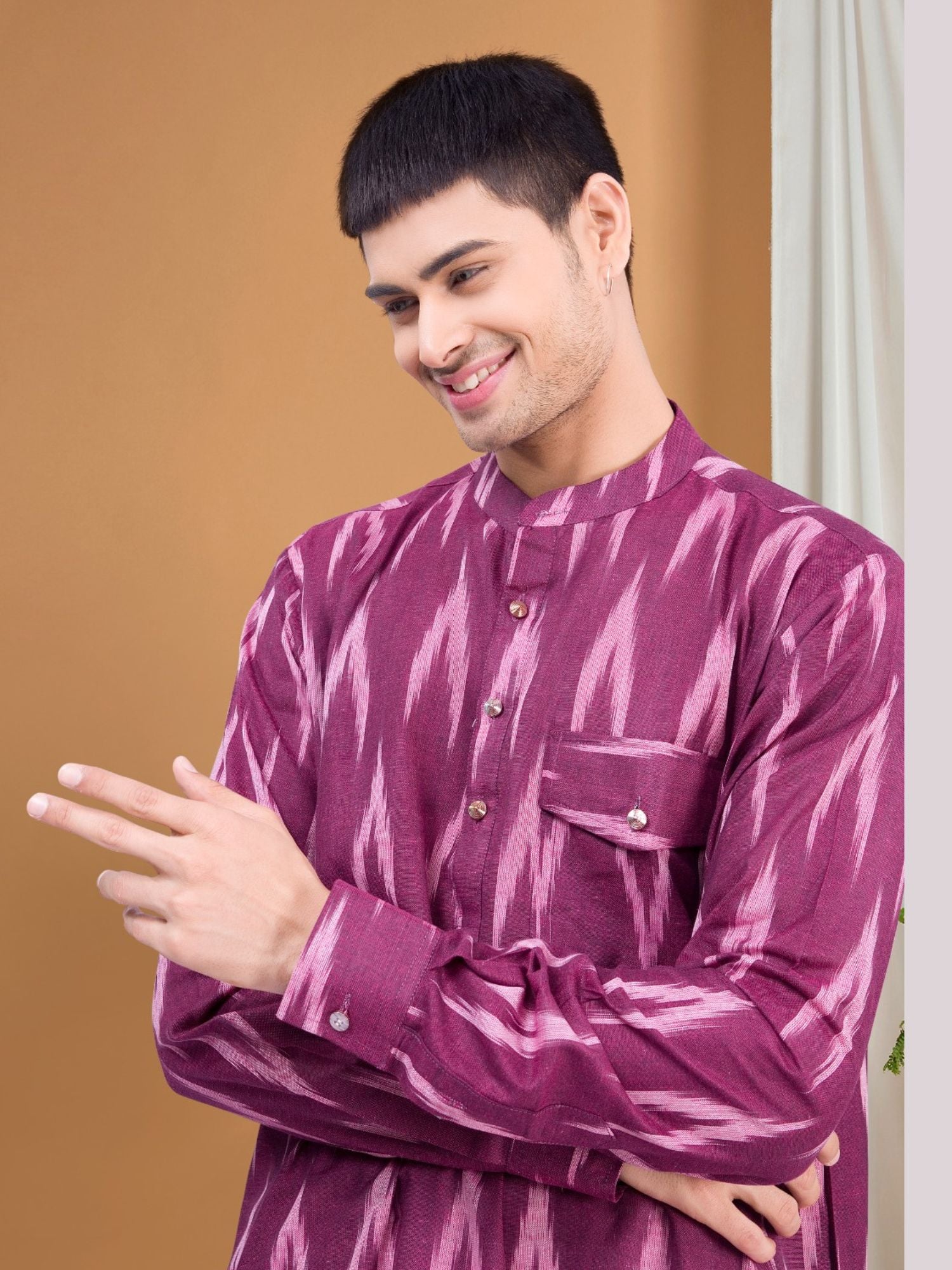Rich Maroon Ikat Print Kurta Peshawari Set