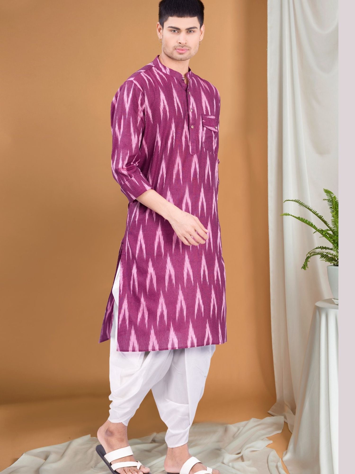 Rich Maroon Ikat Print Kurta Pajama Set