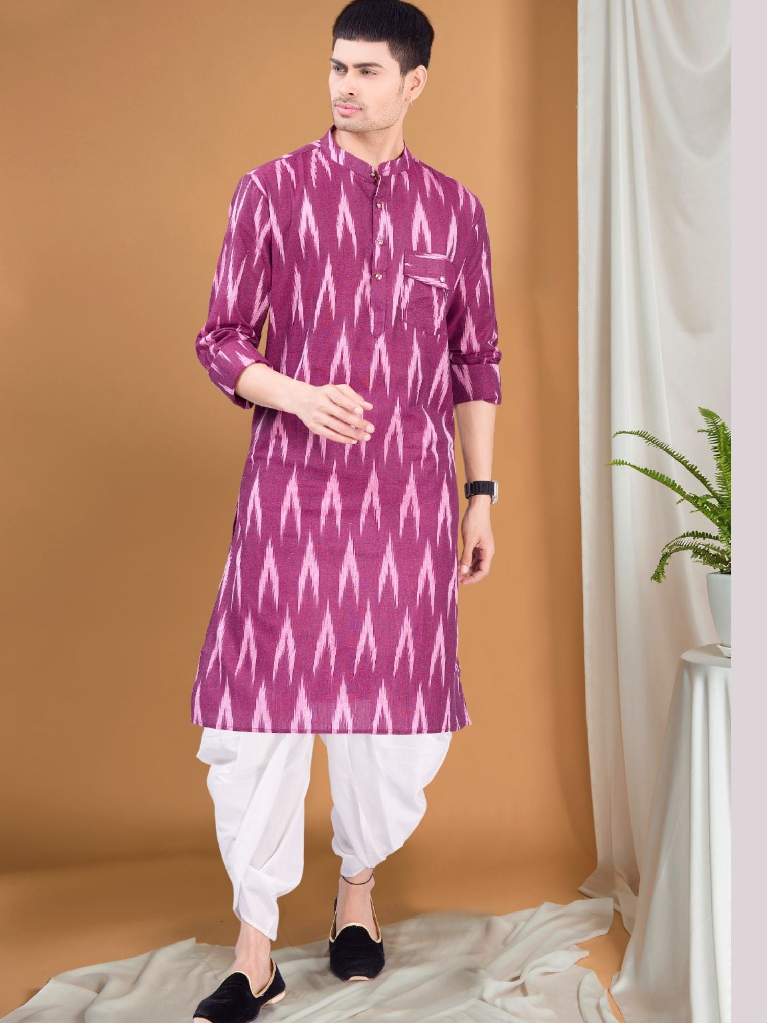 Rich Maroon Ikat Print Kurta Pajama Set