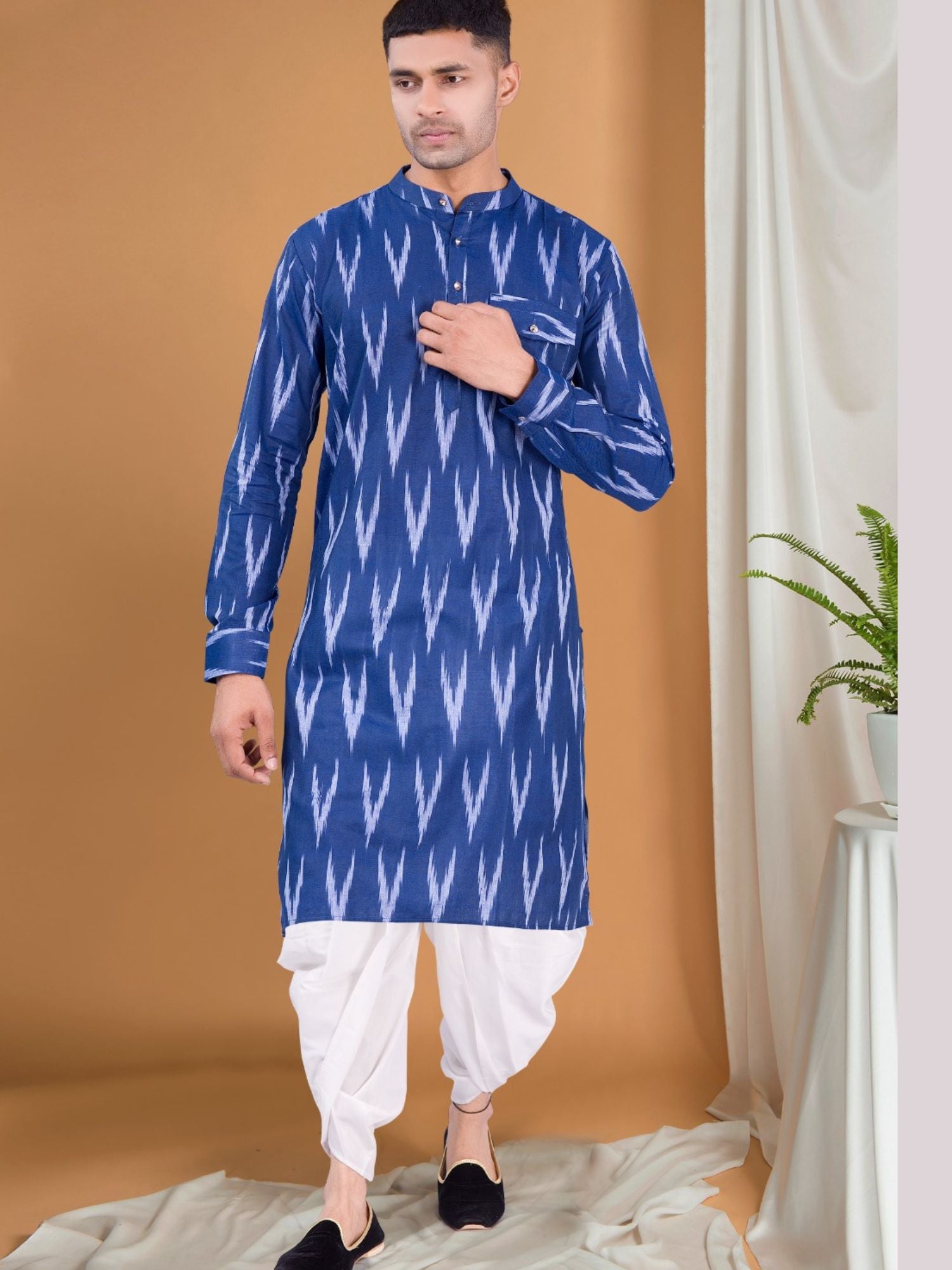 Iris Blue Ikat Print Kurta Peshawari Set
