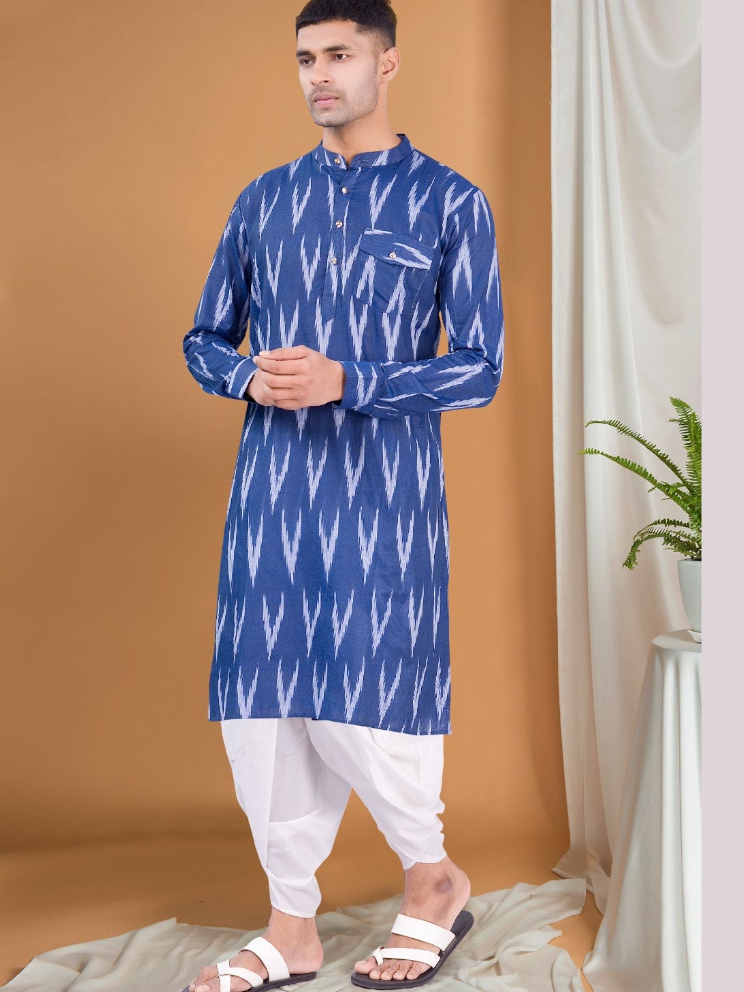 Iris Blue Ikat Print Kurta Peshawari Set